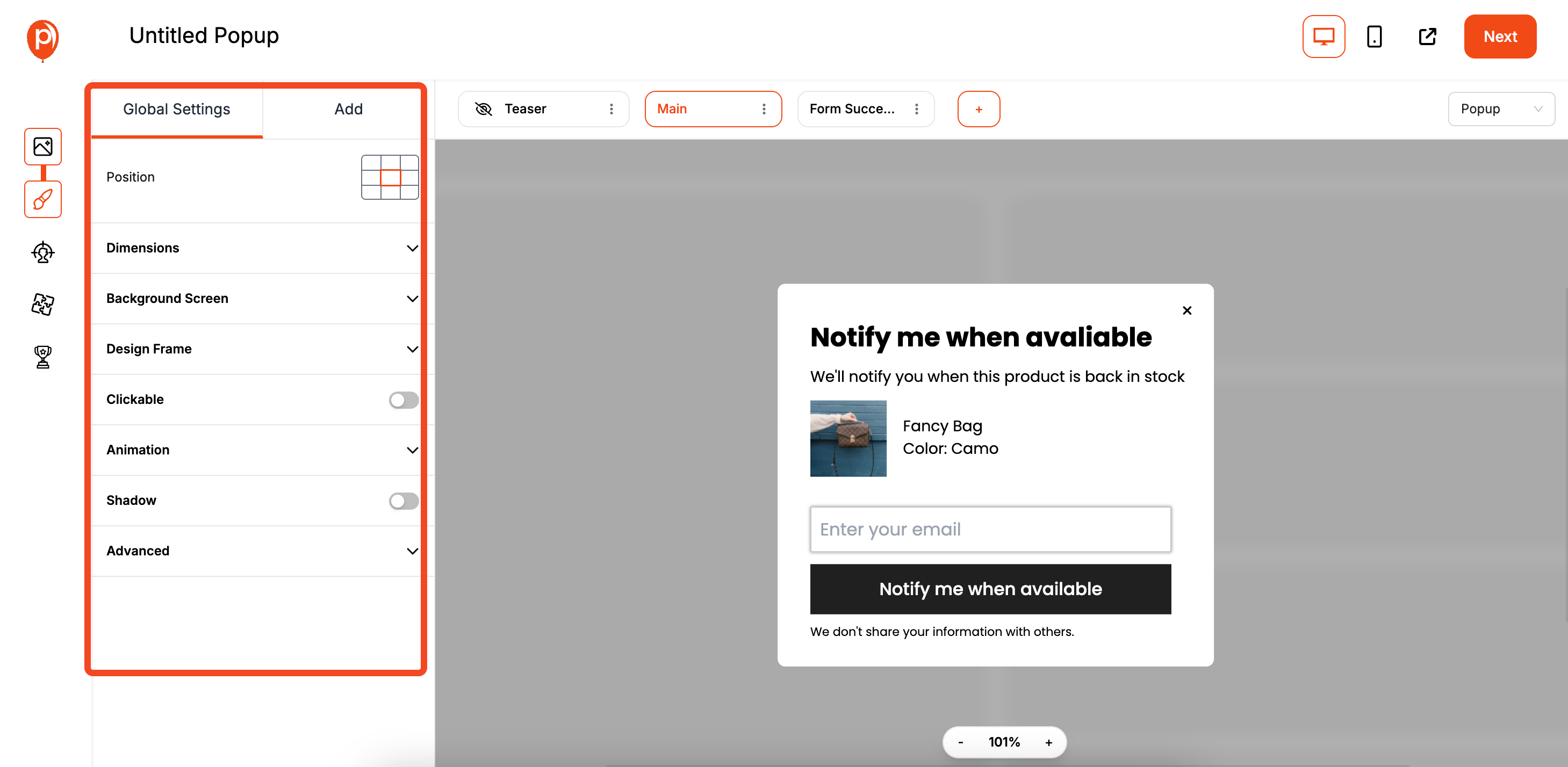 Settings of Popup