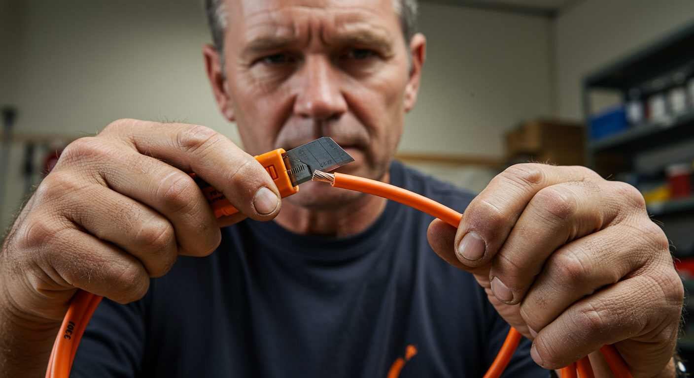 Scrap Copper Pickup Sacramento Electrician Holding Copper Wire Scrap copper pickup Sacramento service showing electrician holding insulated copper wire while considering stripping for recycling value.