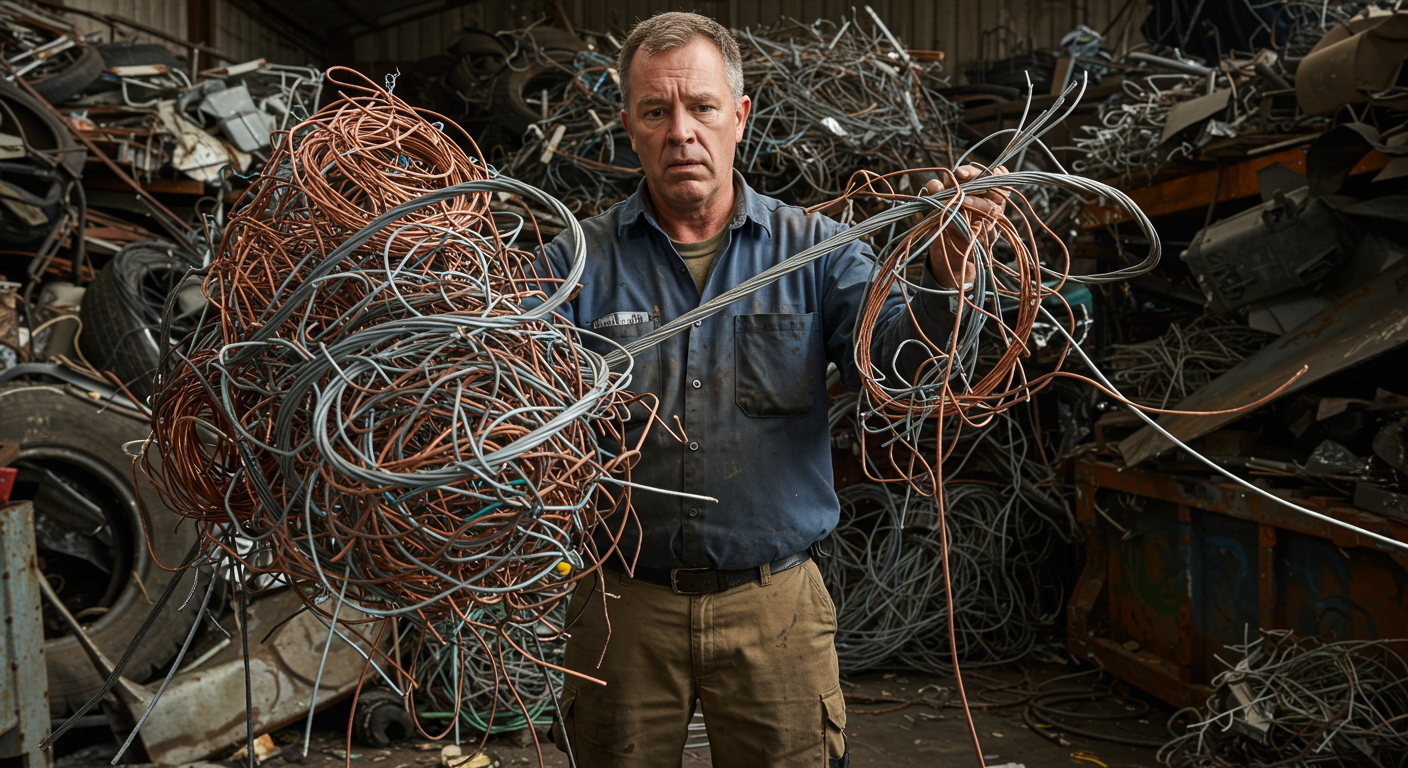 Copper vs. Aluminum Sorting Mistake — Scrap Copper Pickup Sacramento A confused electrician looking at a mixed pile of copper wire and aluminum wire, losing money due to poor sorting before Scrap Copper Pickup Sacramento.