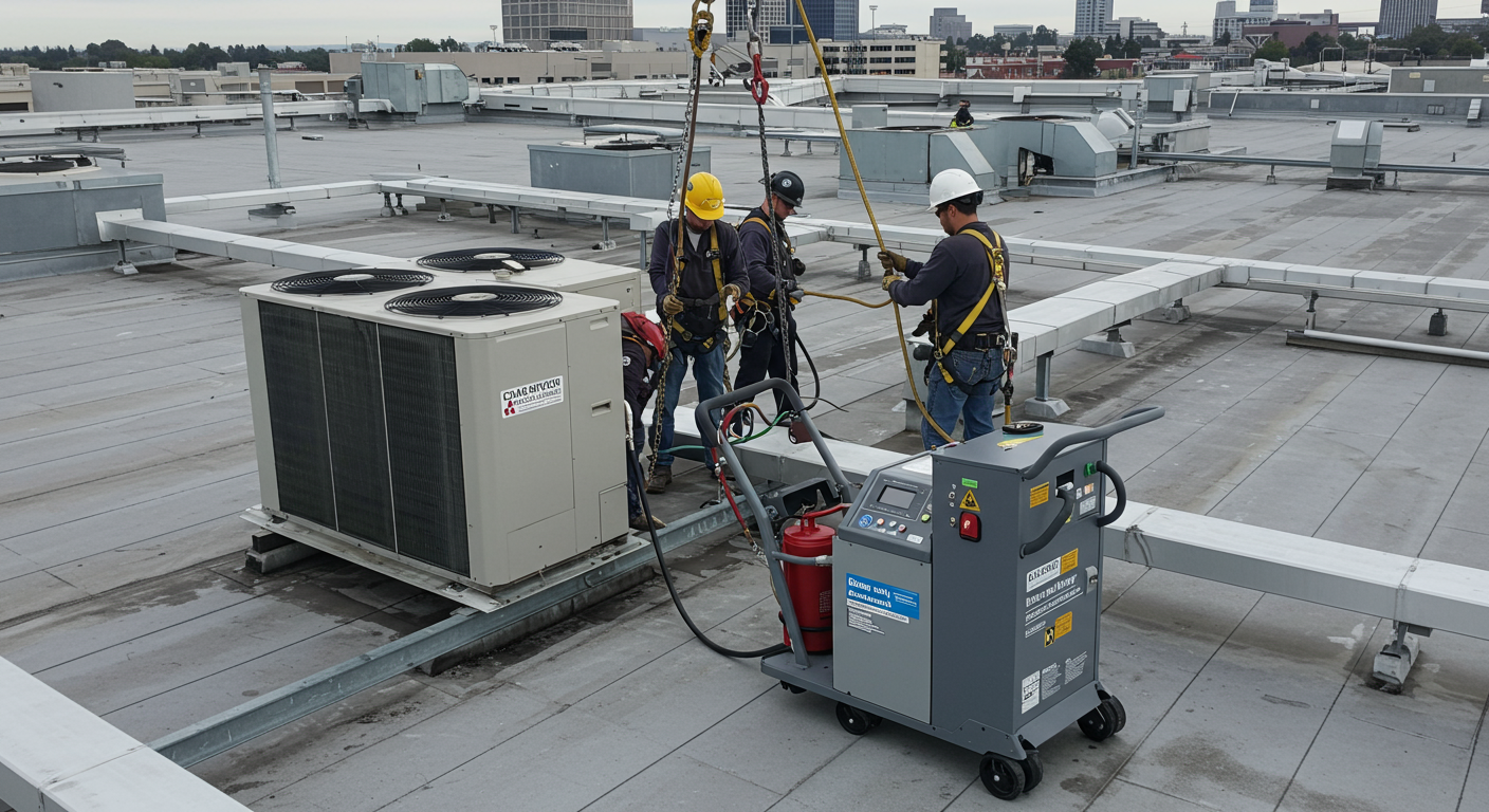HVAC recycling services in Sacramento Commercial HVAC unit being safely removed from Sacramento facility rooftop with certified refrigerant recovery equipment for compliant recycling and disposal