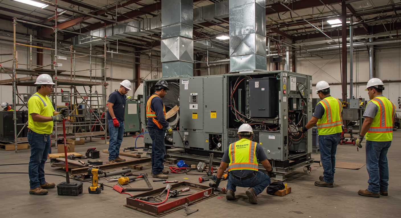 HVAC Recycling Sacramento – Facility Preparation for HVAC Removal Workers preparing a Sacramento facility for HVAC removal as part of HVAC recycling Sacramento services, ensuring EPA-compliant refrigerant recovery and safe equipment handling.