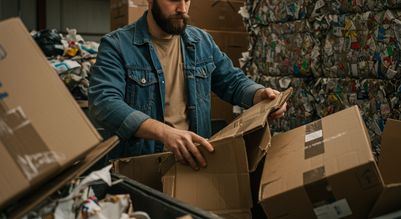 Man separating cardboard from other trash and paper in a California facility as part of cardboard bale recycling California and SB 1383 compliance efforts.