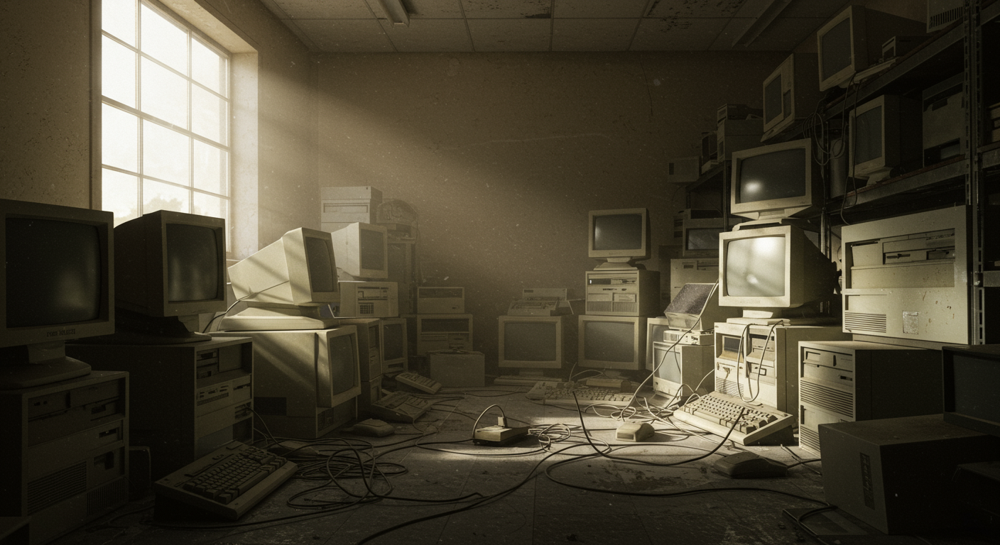 Office storage room filled with outdated electronics, including old desktop computers, dusty monitors, and unused printers awaiting e-waste removal Sacramento service.