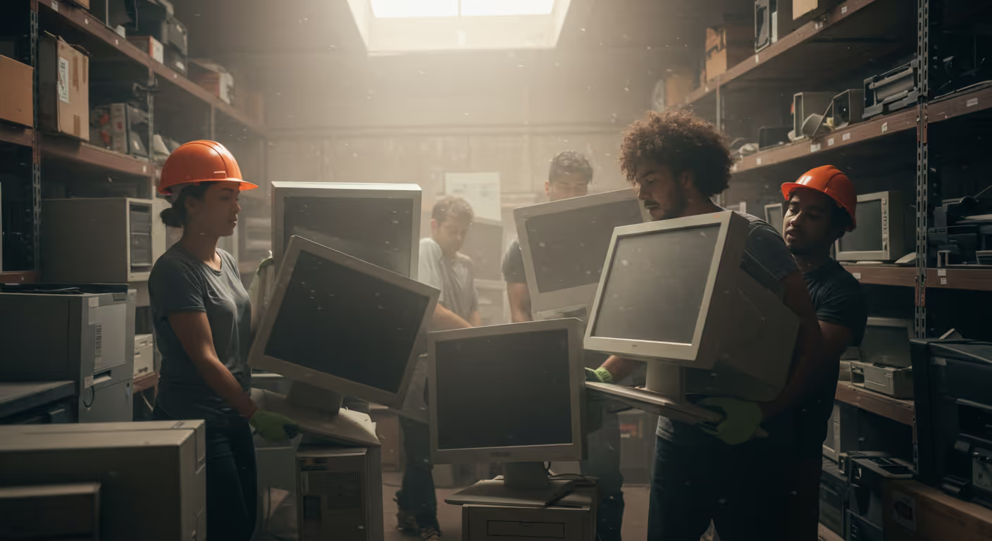 Group of workers lifting old computers, printers, and monitors in a stock room during e-waste removal Sacramento service for recycling.