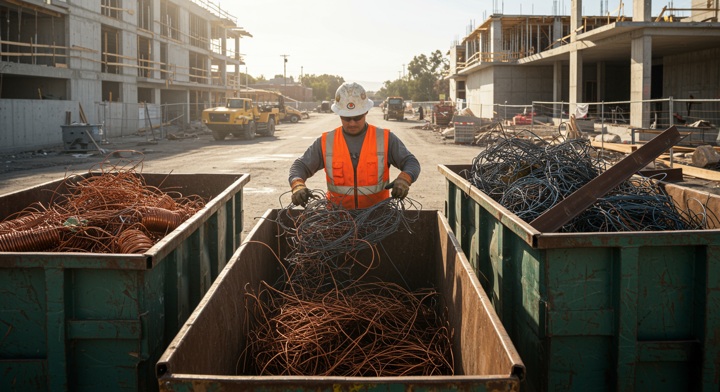 Construction worker segregating copper wire and steel beams into separate containers at a Sacramento construction site for construction scrap metal removal Sacramento.
