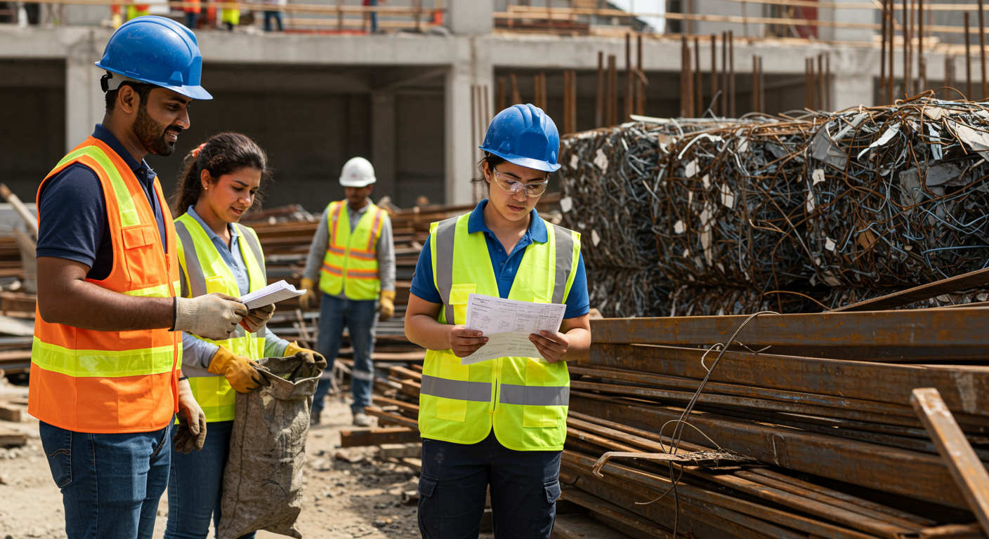 Workers collecting segregated scrap metal, beams, and steel at a Sacramento construction site for construction scrap metal removal Sacramento, while one reviews a price list.