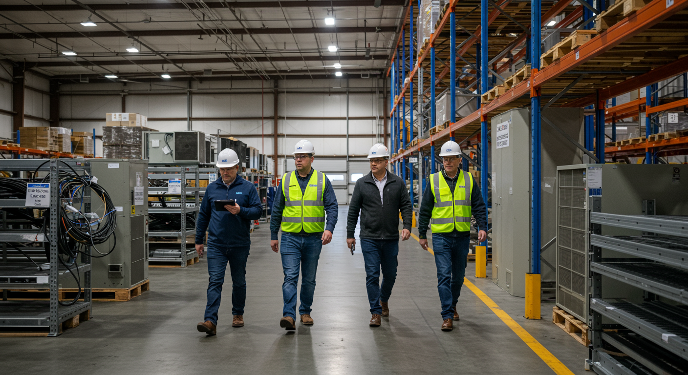 Facility Decommission Recycling California Inspection Facility managers inspecting a California warehouse for decommission recycling, noting metal racks, HVAC units, and wiring to ensure compliance with facility decommission recycling California standard