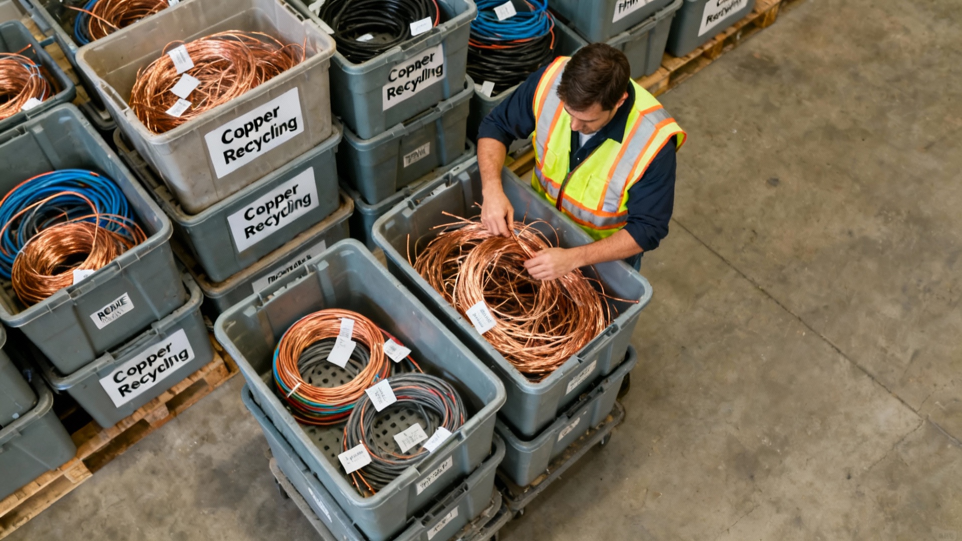 Sacramento electrician staging insulated copper wire including ROMEX and THHN cable in organized totes for commercial recycling pickup