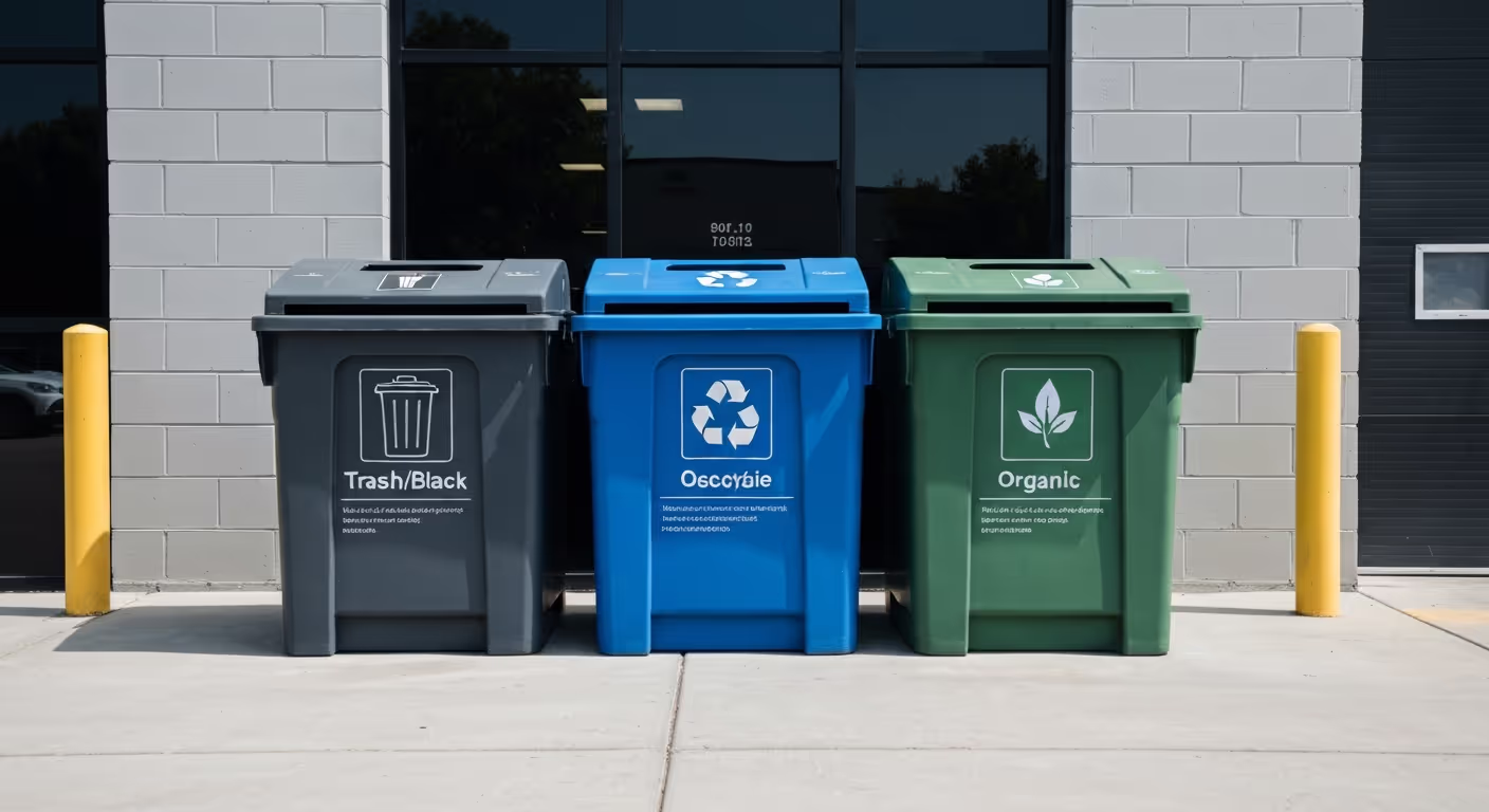 Three-bin commercial waste system for California AB 341 and SB 1383 compliance