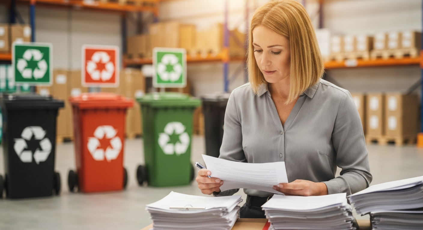 Woman preparing documents for a waste service contract in a warehouse setting with recycling signs and bins in the background, illustrating steps for AB 341 compliance California.