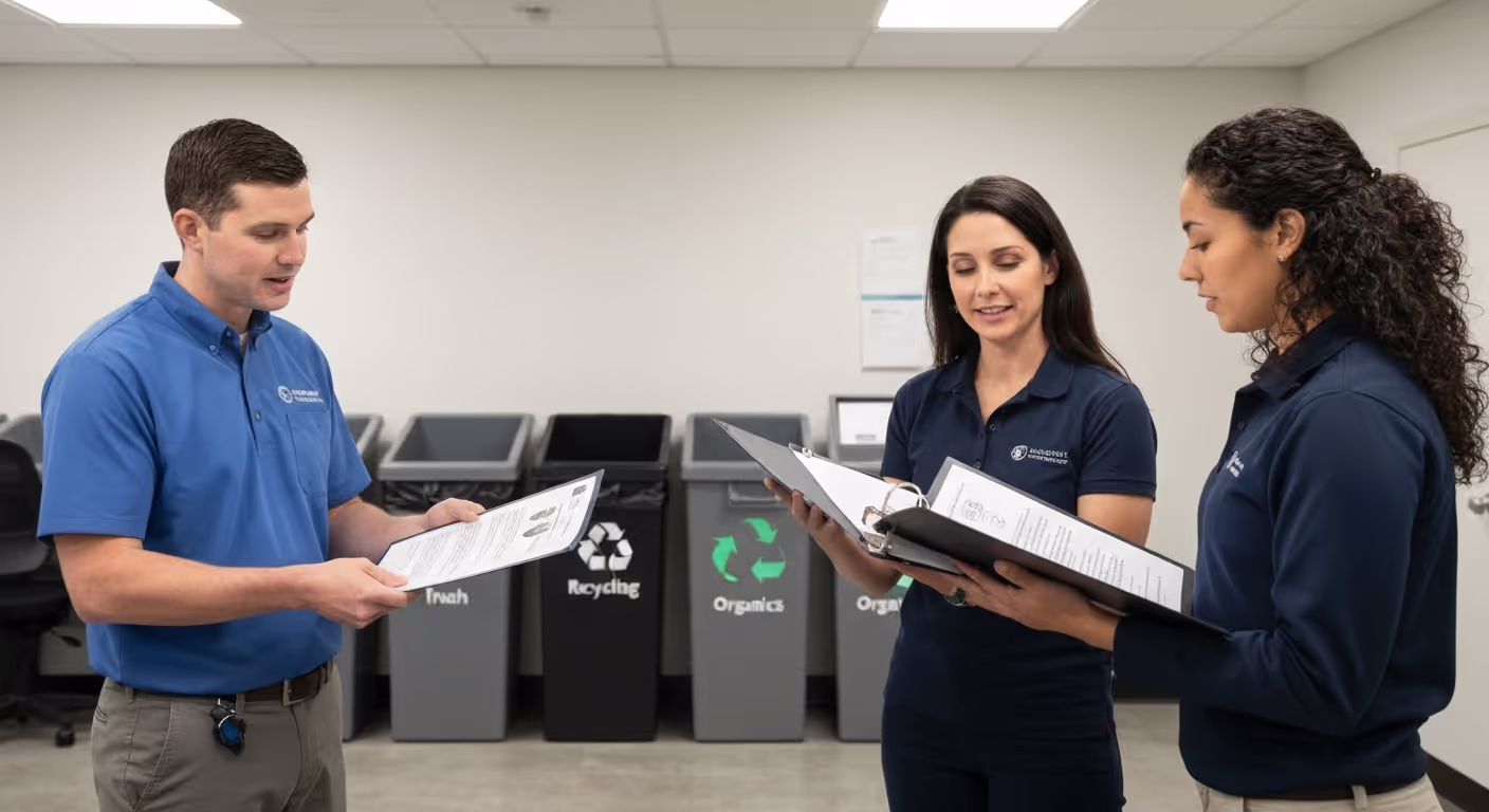 Business inspector reviewing organized recycling and organics documentation with clearly labeled three-bin waste system during an AB 341 compliance California inspection.