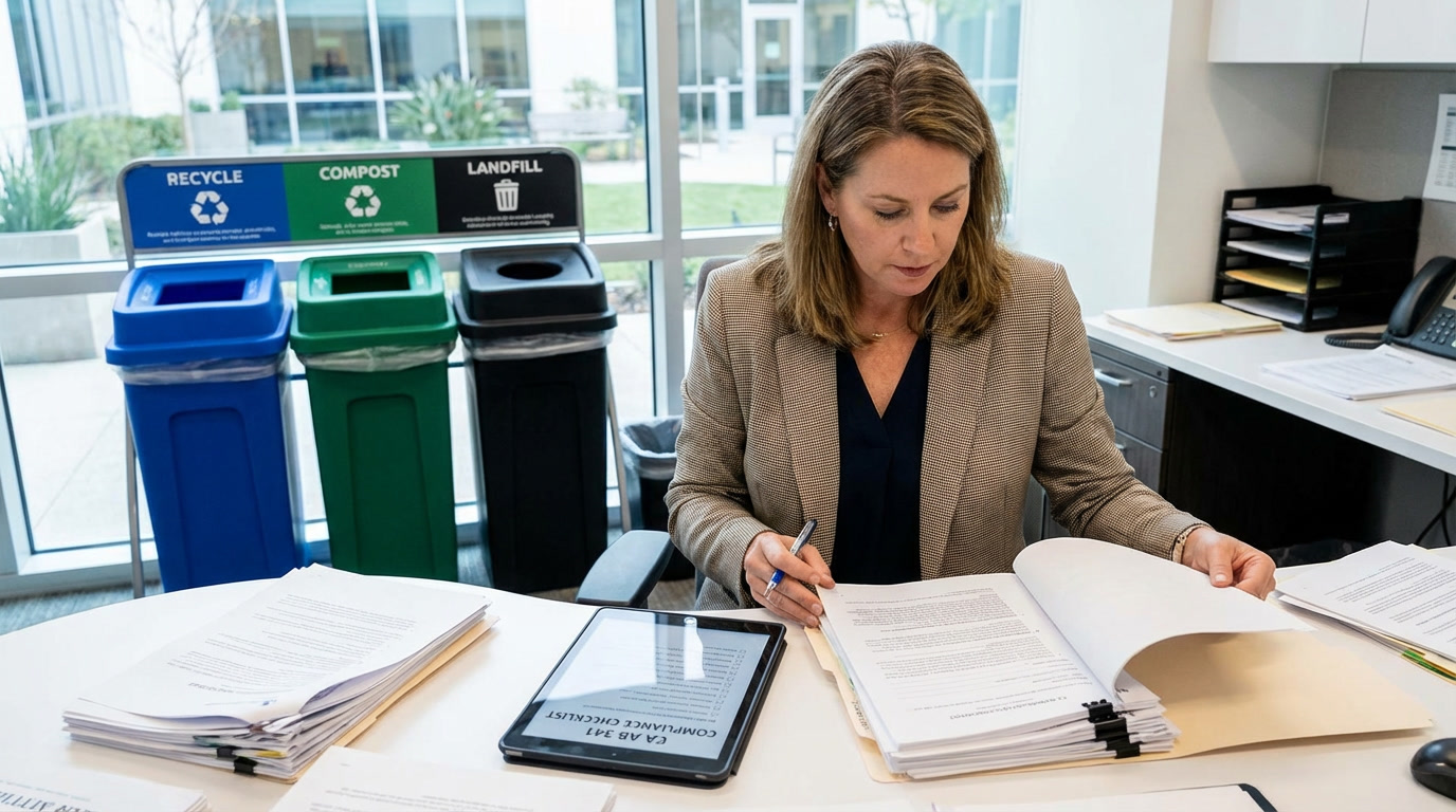 Business operations manager reviewing recycling compliance documents for AB 341 compliance California with a three-bin waste system in the background.