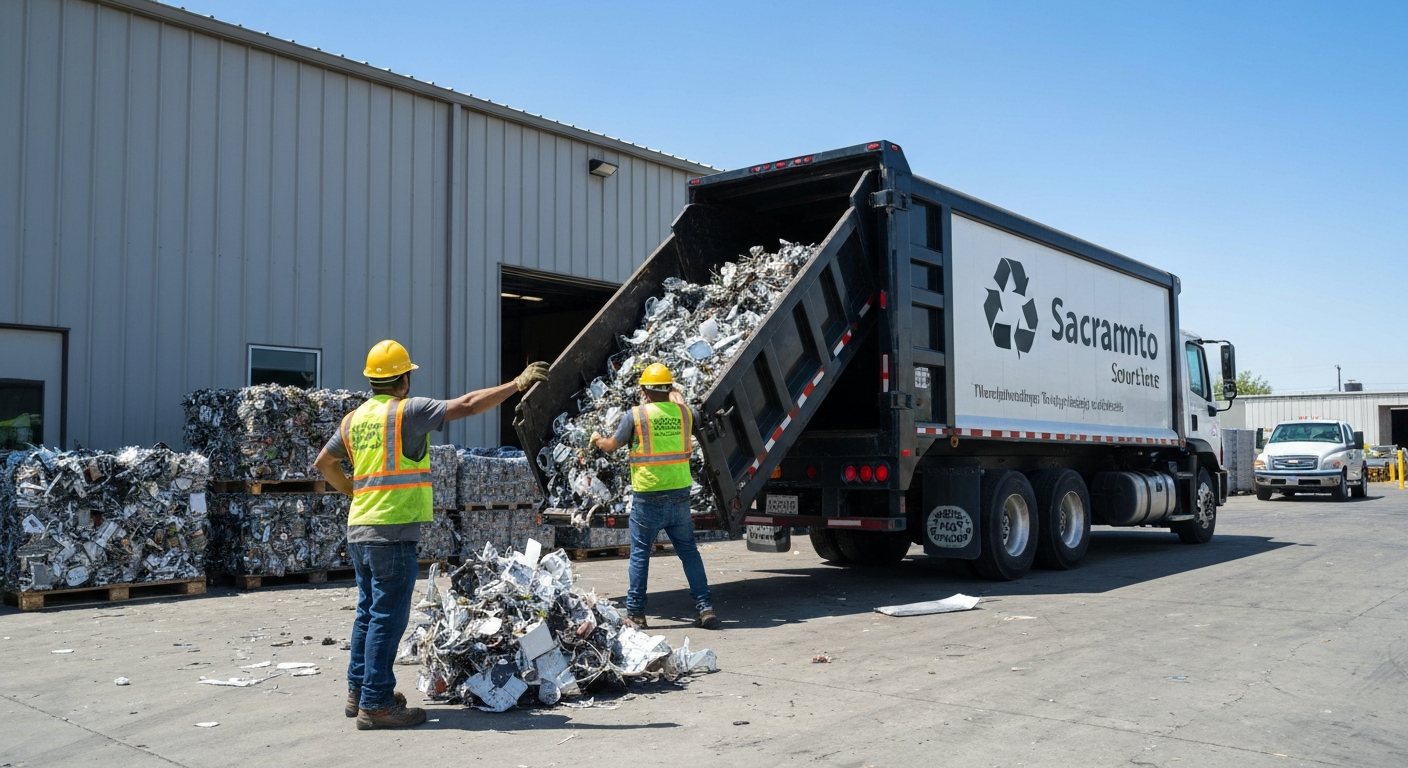 Professional mobile recycling service Sacramento team loading scrap metal and e-waste onto a branded truck at a commercial facility, showcasing efficient on-site service.