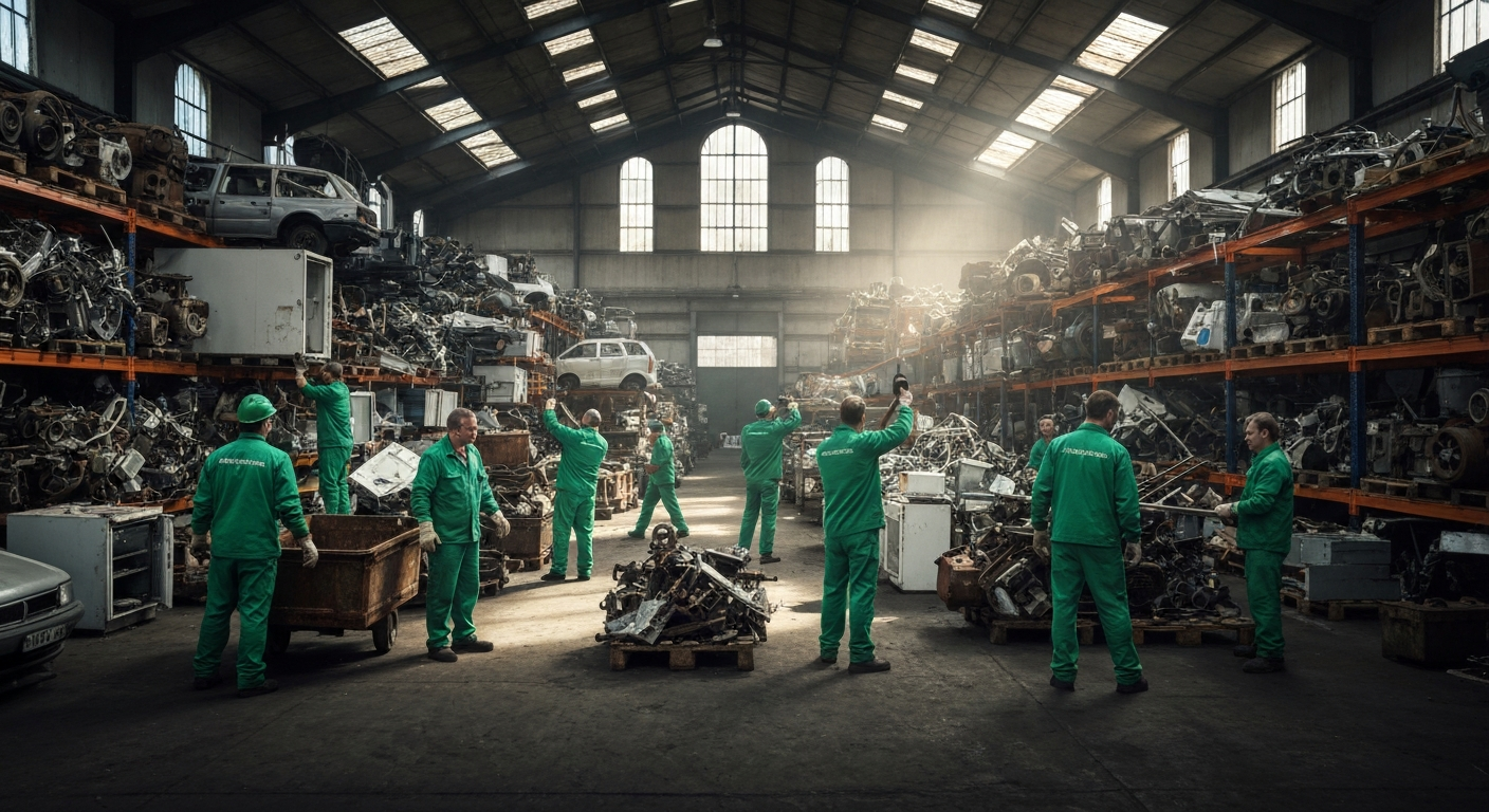 Team collecting scrap metal in a warehouse for recycling with a mobile recycling service Sacramento, organizing materials for processing.