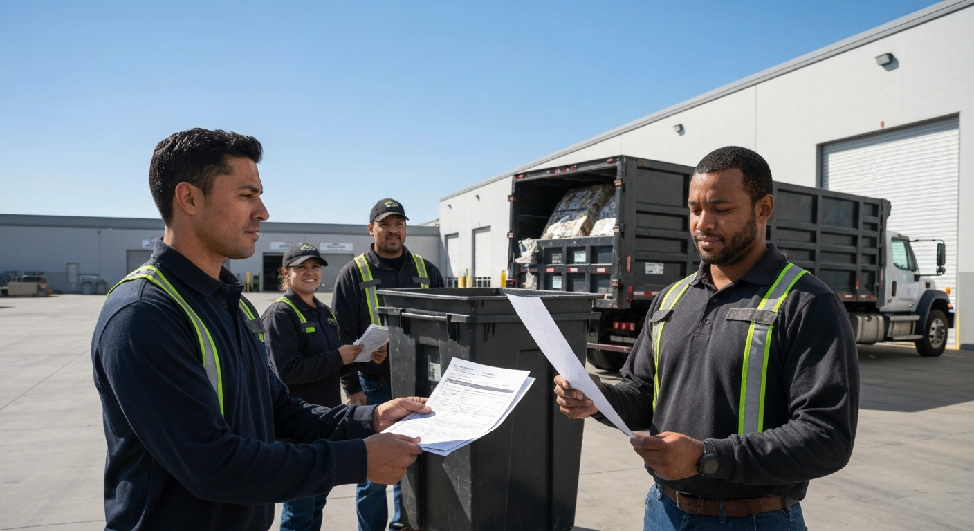 Commercial recycling compliance in California showing a mobile recycling service team reviewing weight tickets, recycling certificates, and pickup records as workers load recyclables, highlighting AB 