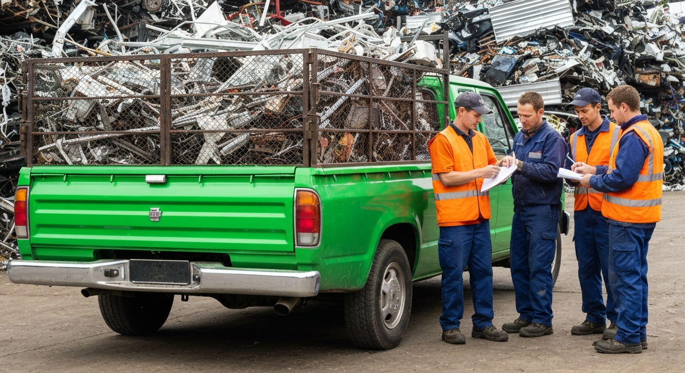 Green truck picking up organized scrap metals, representing free scrap metal pickup Sacramento services for businesses with copper, aluminum, and steel materials.