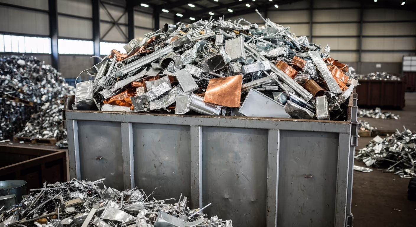 Image of a Sacramento business warehouse with organized scrap metal—copper pipes, aluminum materials, and steel—ready for free scrap metal pickup Sacramento.