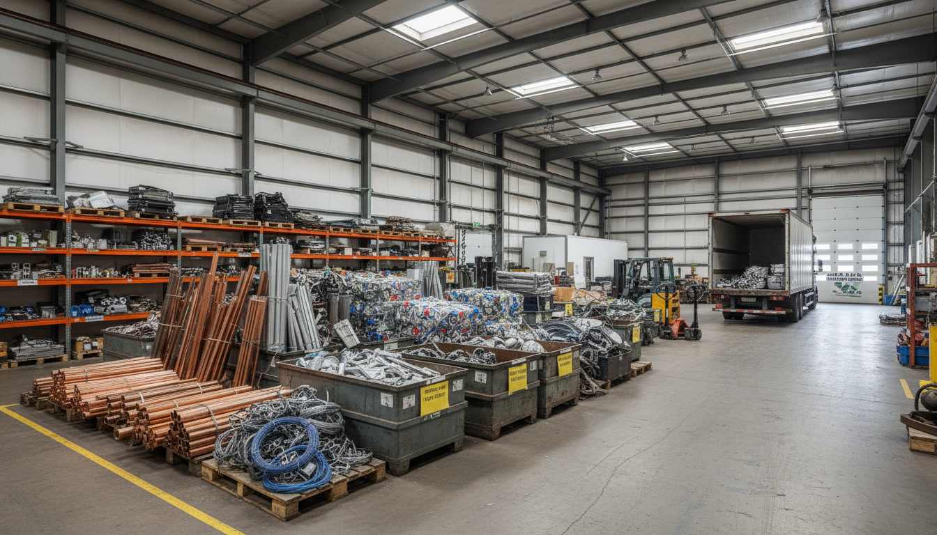 Free scrap metal pickup Sacramento is available for a Sacramento business warehouse with organized scrap metal like copper pipes and aluminum materials ready for pickup.