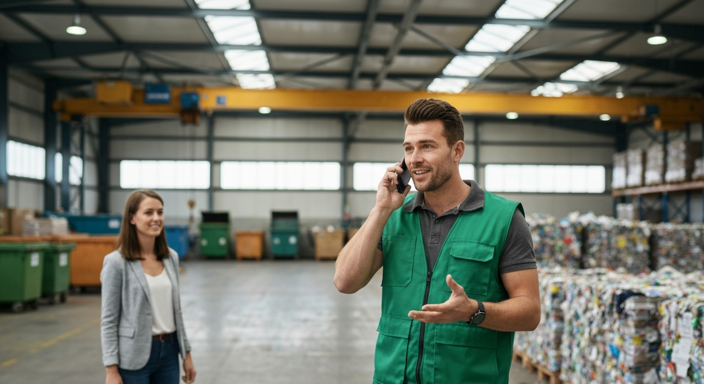 Man in a green work vest talking to a customer on the phone, providing responsive service and addressing concerns inside a recycling warehouse setting for a reliable recycling company Sacramento.