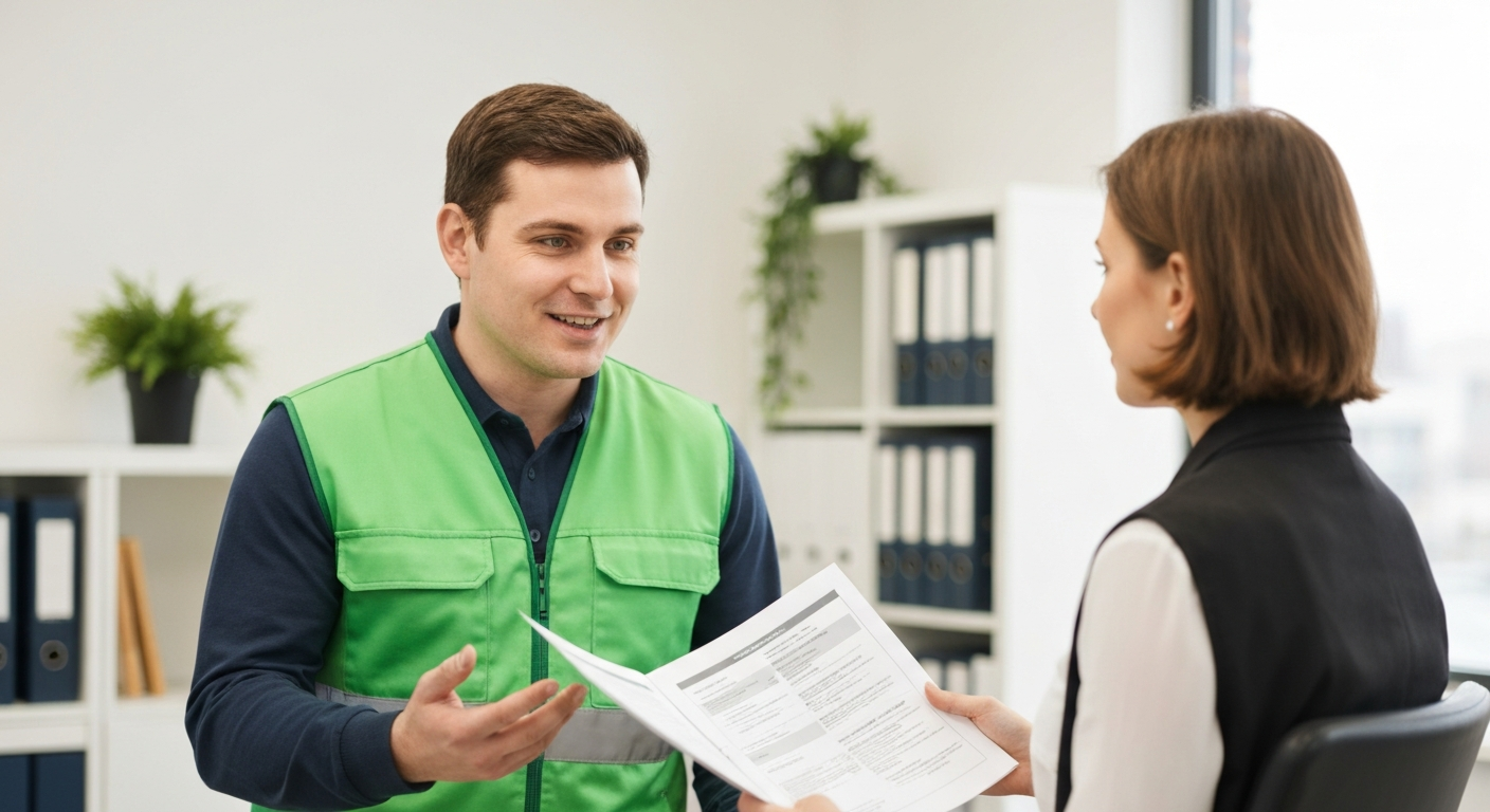Man in a green working vest talking to a customer holding documents while discussing recycling regulations inside a facility for a reliable recycling company Sacramento.