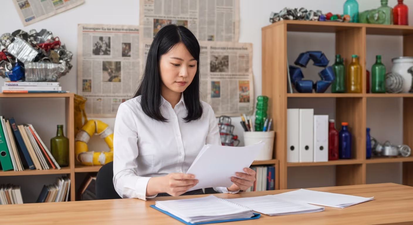 Woman holding documents while thinking and deciding which recycling company Sacramento to choose.
