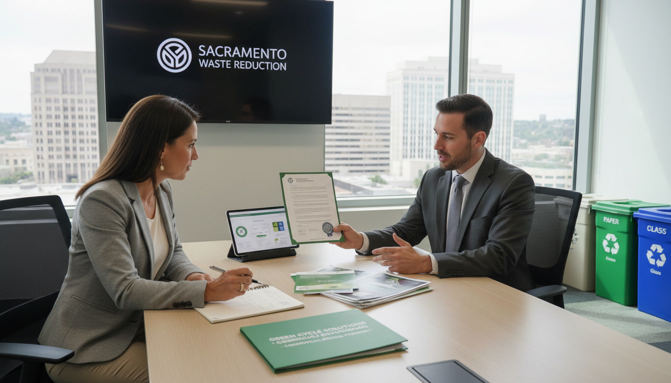 Sacramento operations manager evaluating recycling company Sacramento proposals with a vendor representative while reviewing licensing, certifications, and service capabilities at the business facilit