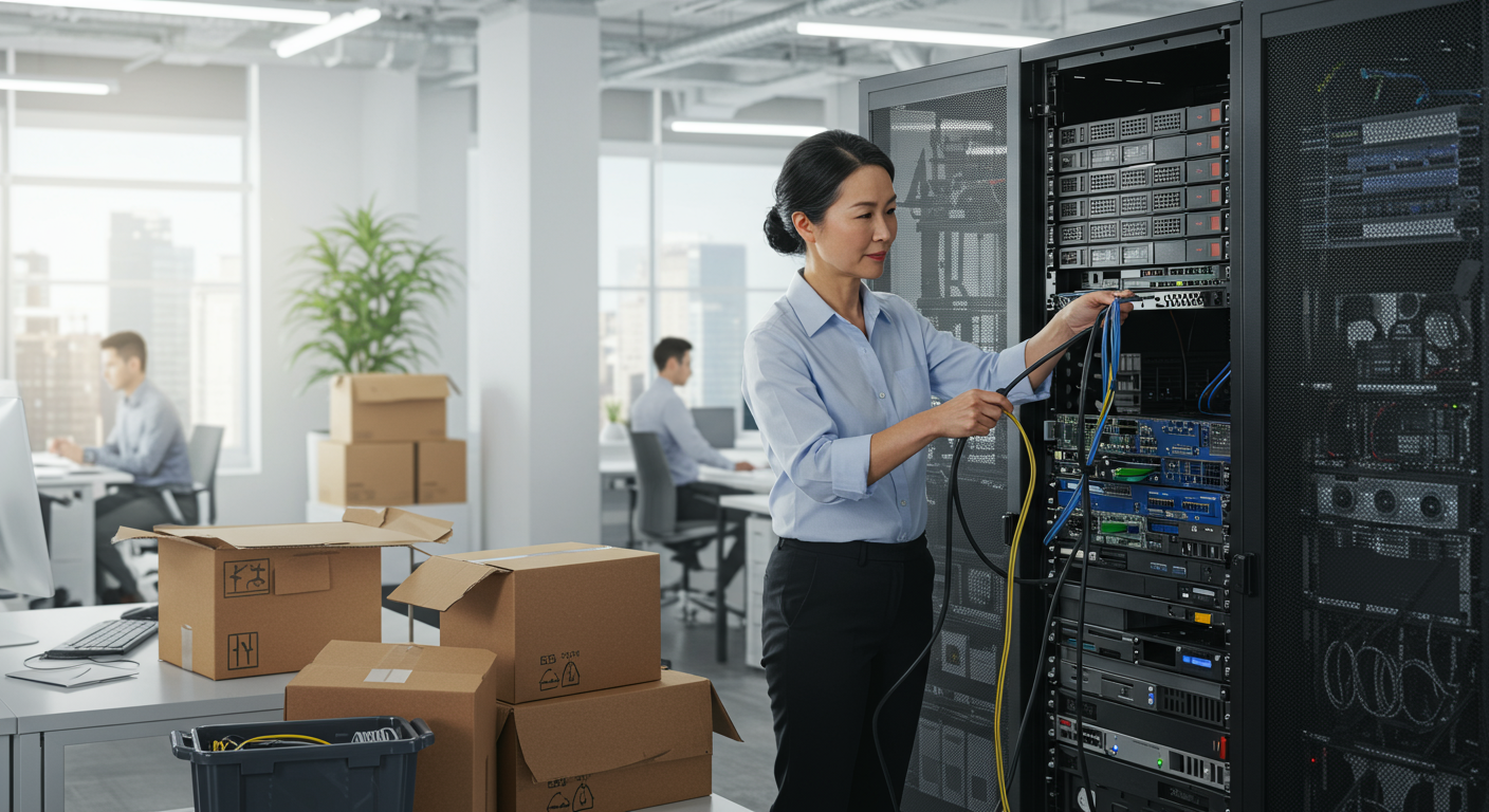 Sacramento Office Manager Preparing for IT Equipment Recycling Office manager in Sacramento organizing outdated servers and computers for IT equipment recycling Sacramento.