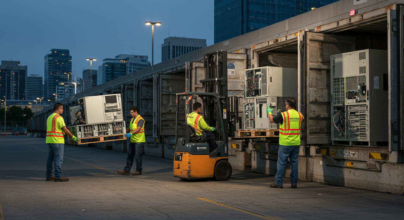 IT Equipment Recycling Team in Sacramento Recycling team loading old computers and servers for transport during IT equipment recycling Sacramento.