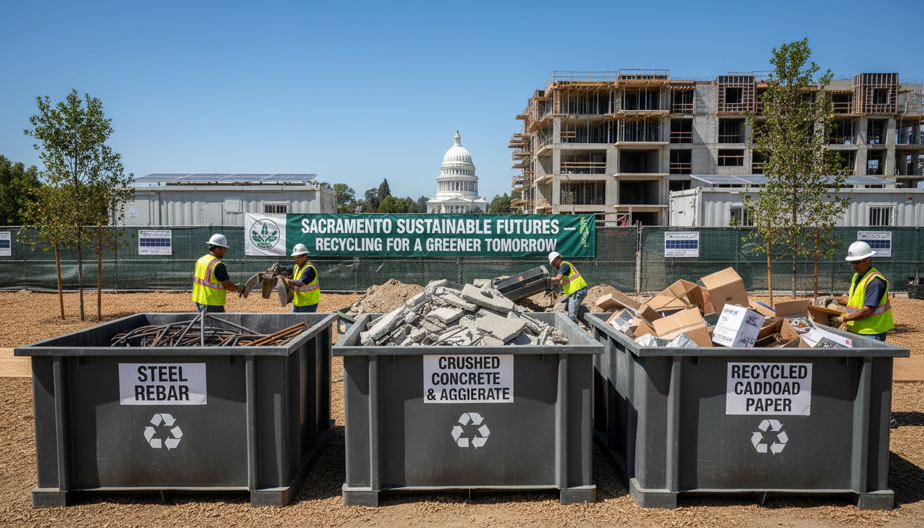 Sacramento Construction Recycling and CALGreen Compliance for Environmental Impact acramento construction workers sorting steel, concrete, and cardboard for CALGreen construction recycling compliance, showing materials re-entering manufacturing cycles and reducing landfill use.