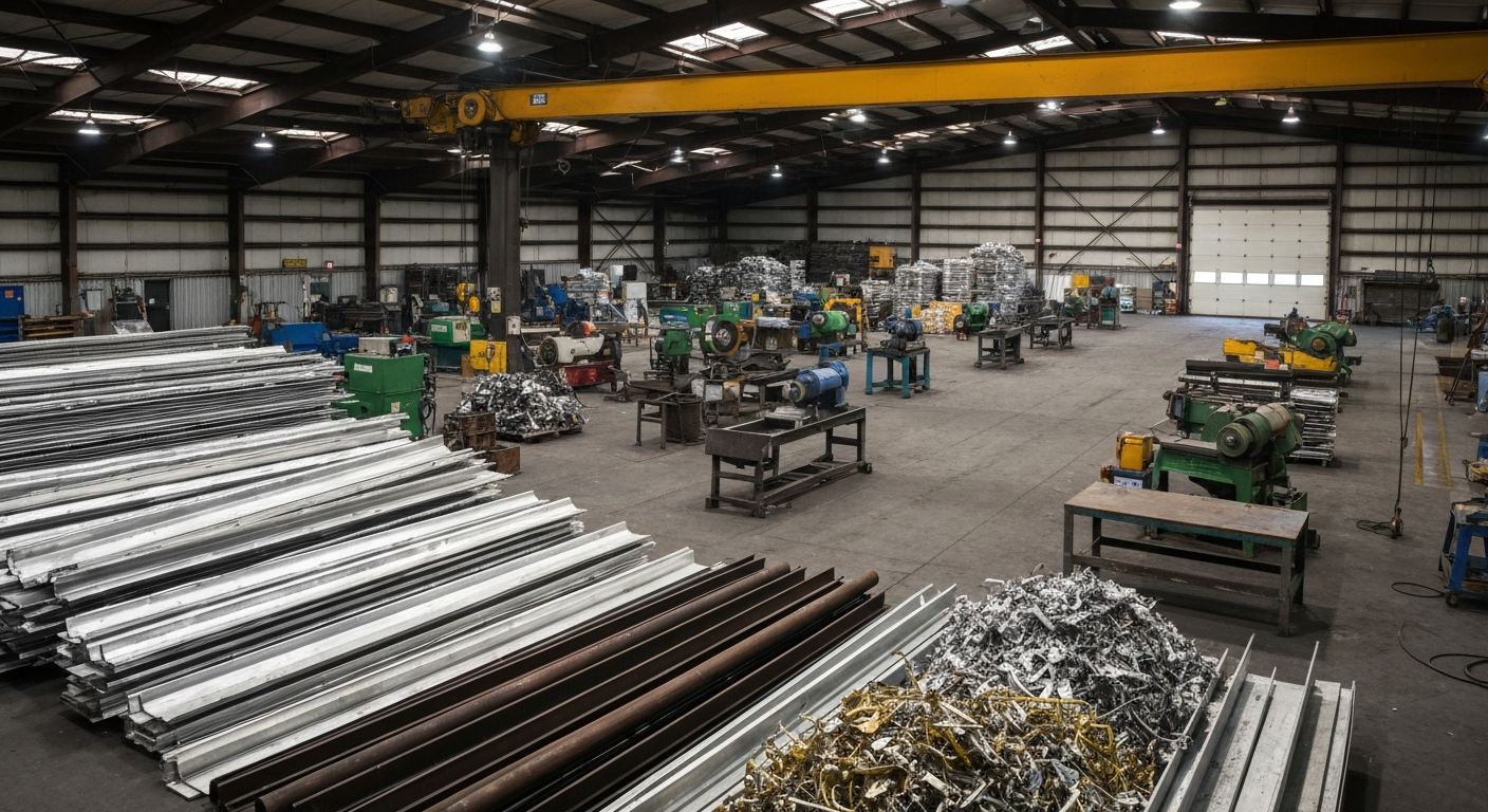 Recycled metals in a warehouse setting prepared for processing, supporting recycled metals manufacturing and cost-efficient production.