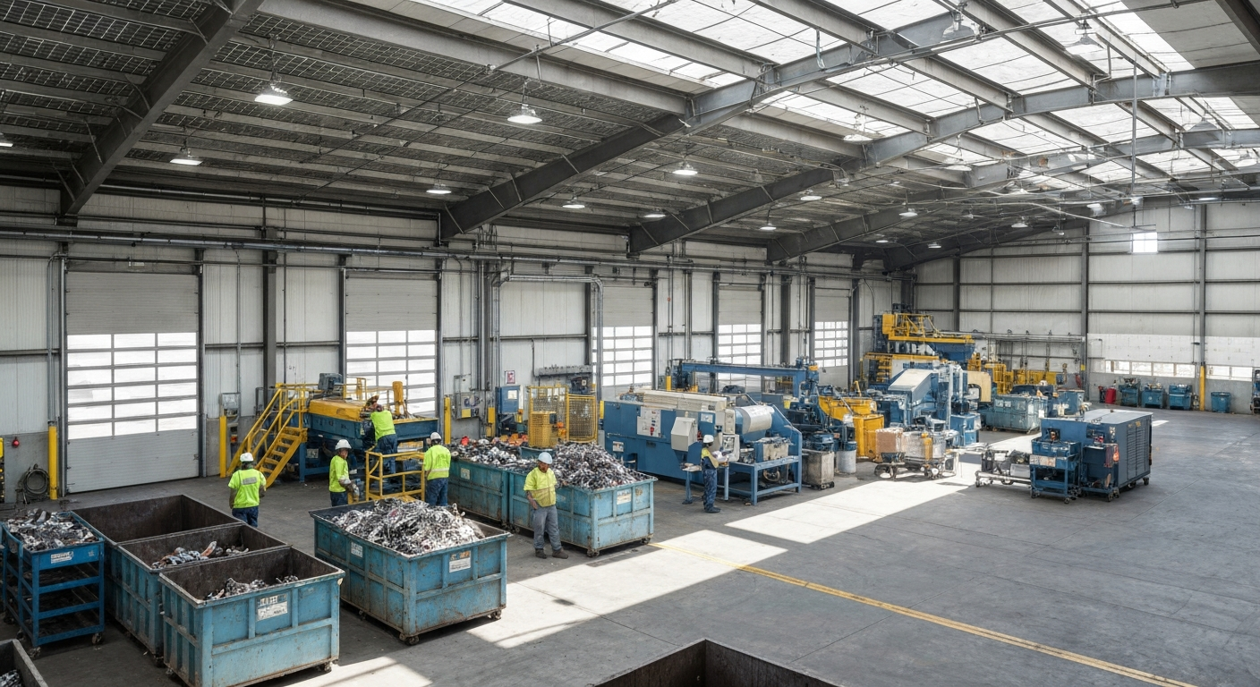 California industrial facility practicing recycled metals manufacturing with steel and aluminum scrap, illustrating sustainability and CO2 reduction efforts.