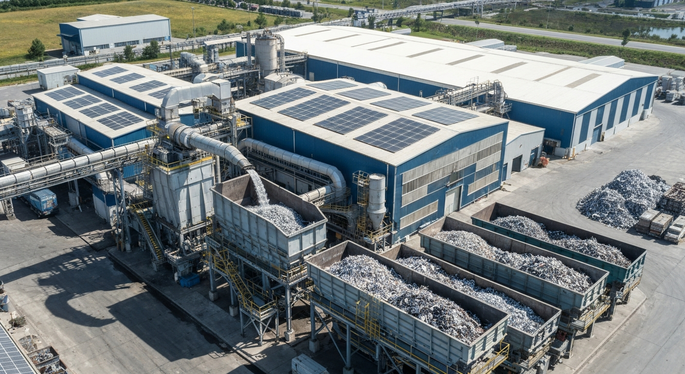 Industrial facility practicing recycled metals manufacturing with aluminum and steel recycling, highlighting energy savings, water conservation, and CO₂ reduction.