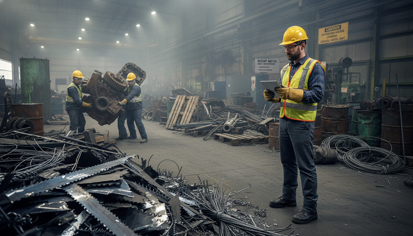 Four Scrap Hazards Explained Using Scrap Metal Safety Best Practices Illustration showing sharp edges, heavy scrap pieces, trip hazards, and chemical residues in a facility scrap area, highlighting scrap metal safety best practices for preventing workplace injuries.
