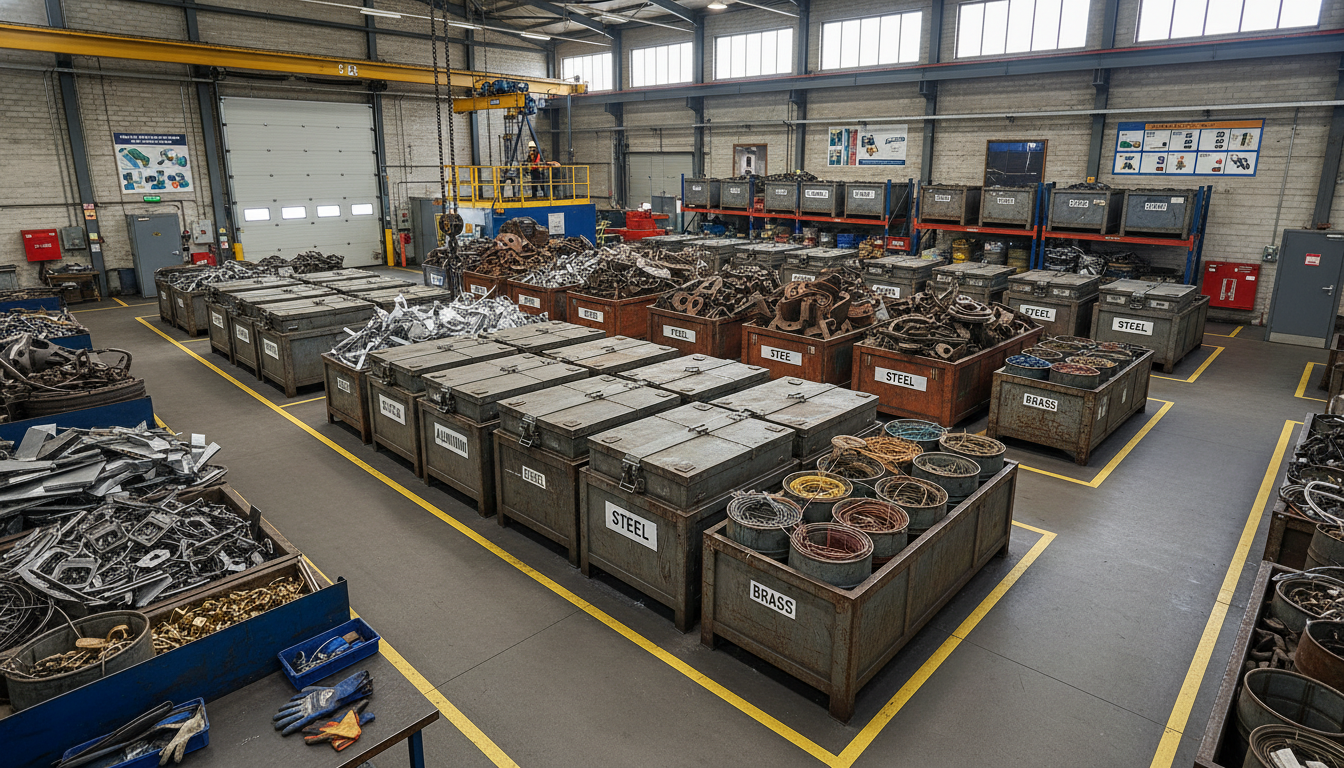 Safe Scrap Metal Storage Setup That Prevents Workplace Injuries Organized scrap metal storage area with labeled sections, reinforced containers, and clear walkways demonstrating scrap metal safety best practices for preventing injuries.
