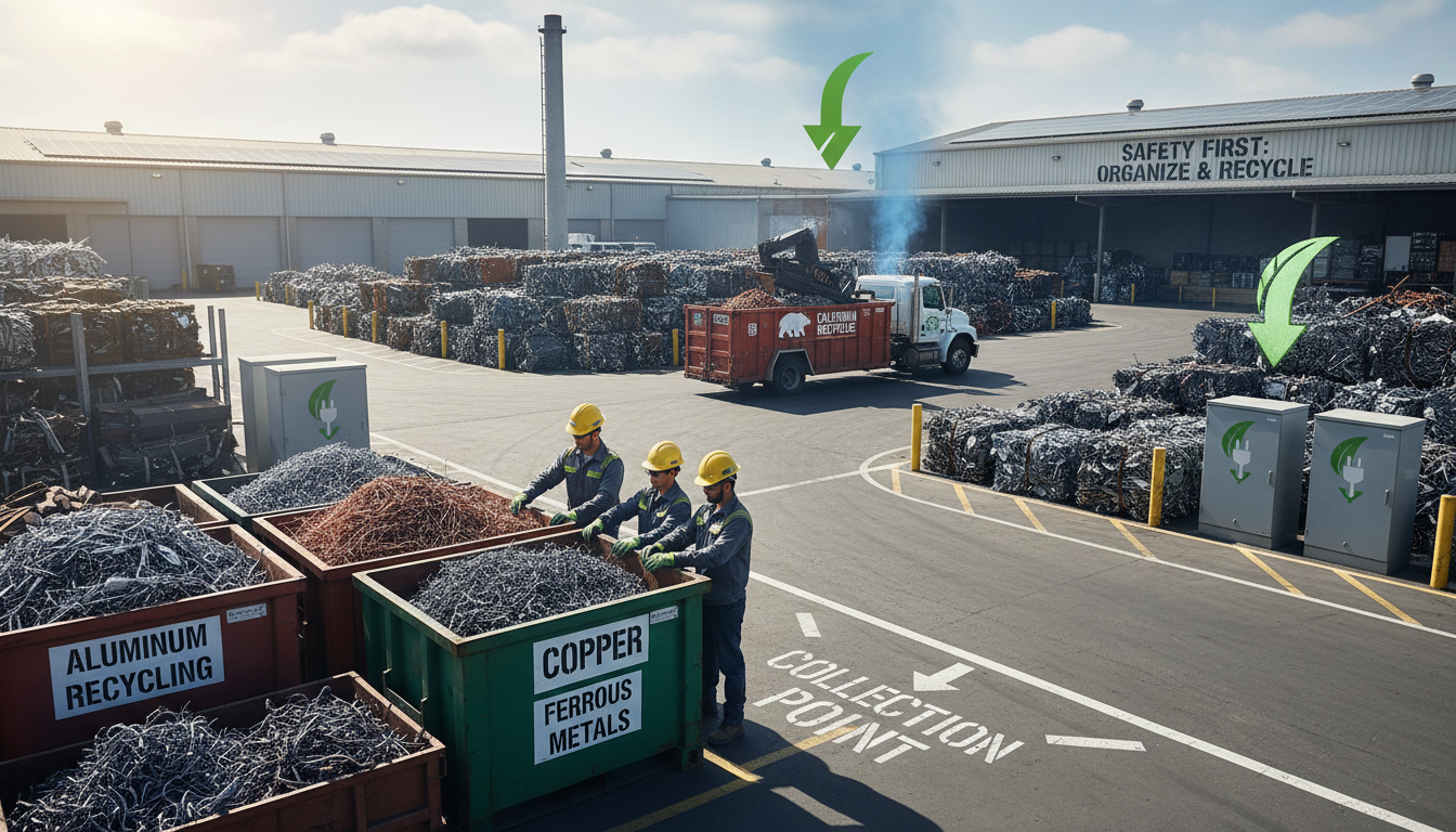 How Scrap Metal Safety Best Practices Support Environmental Sustainability Workers using scrap metal safety best practices while organizing materials into labeled recycling containers, showing the connection between safety and environmental sustainability.