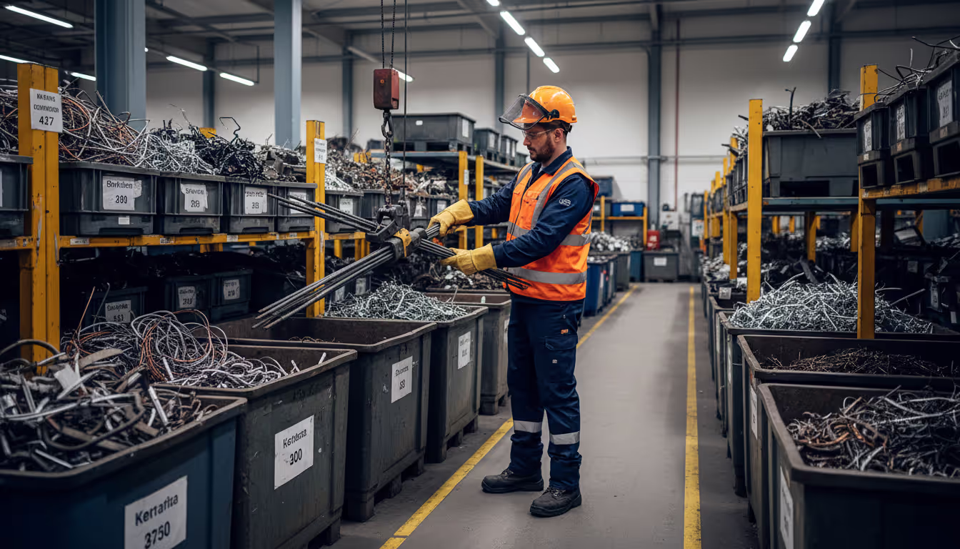 Facility worker in proper safety gear, including gloves and steel-toed boots, safely handling scrap metal materials in an organized storage area while following scrap metal safety best practices.