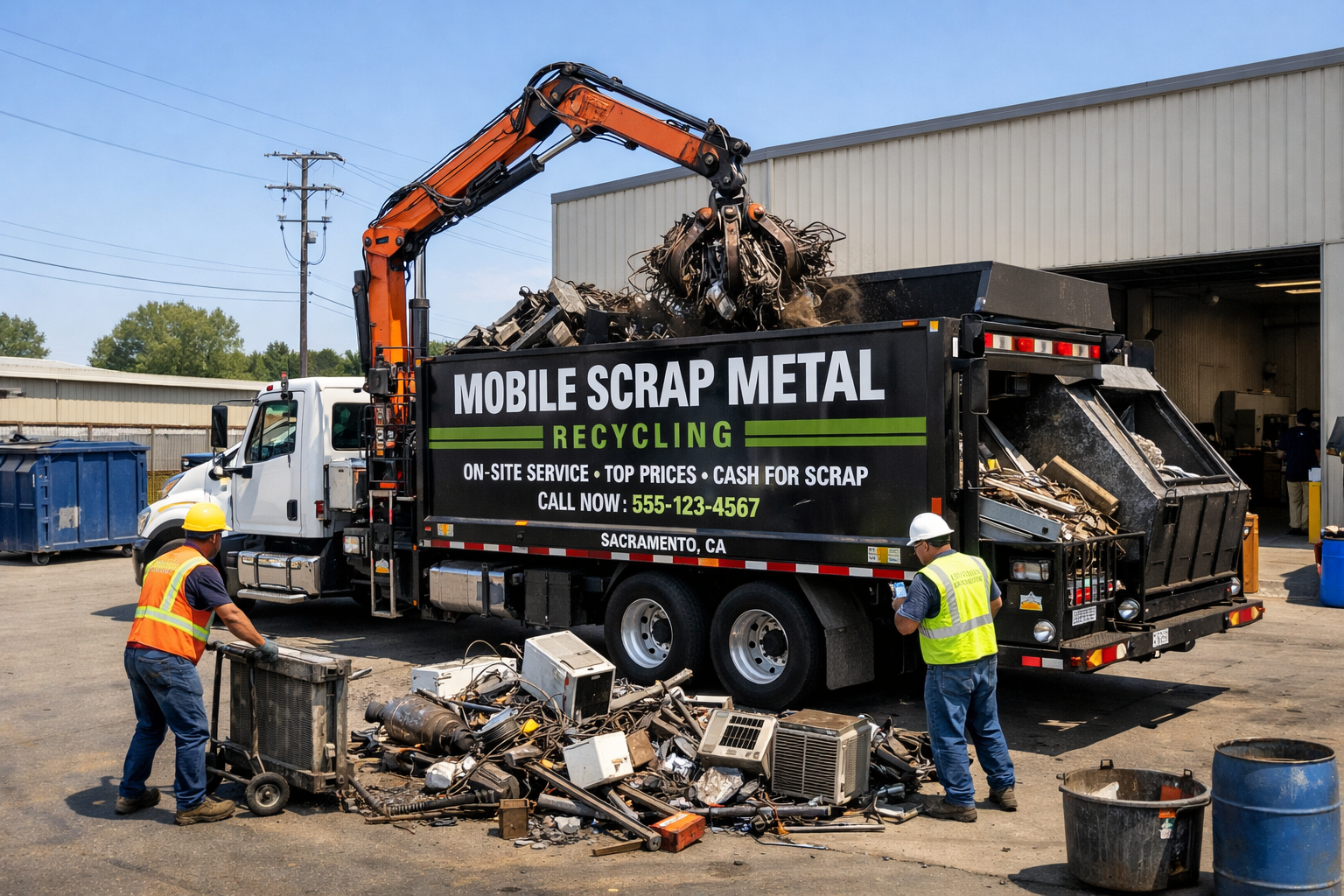 Mobile scrap metal recycling truck performing on-site pickup at commercial facility in Sacramento