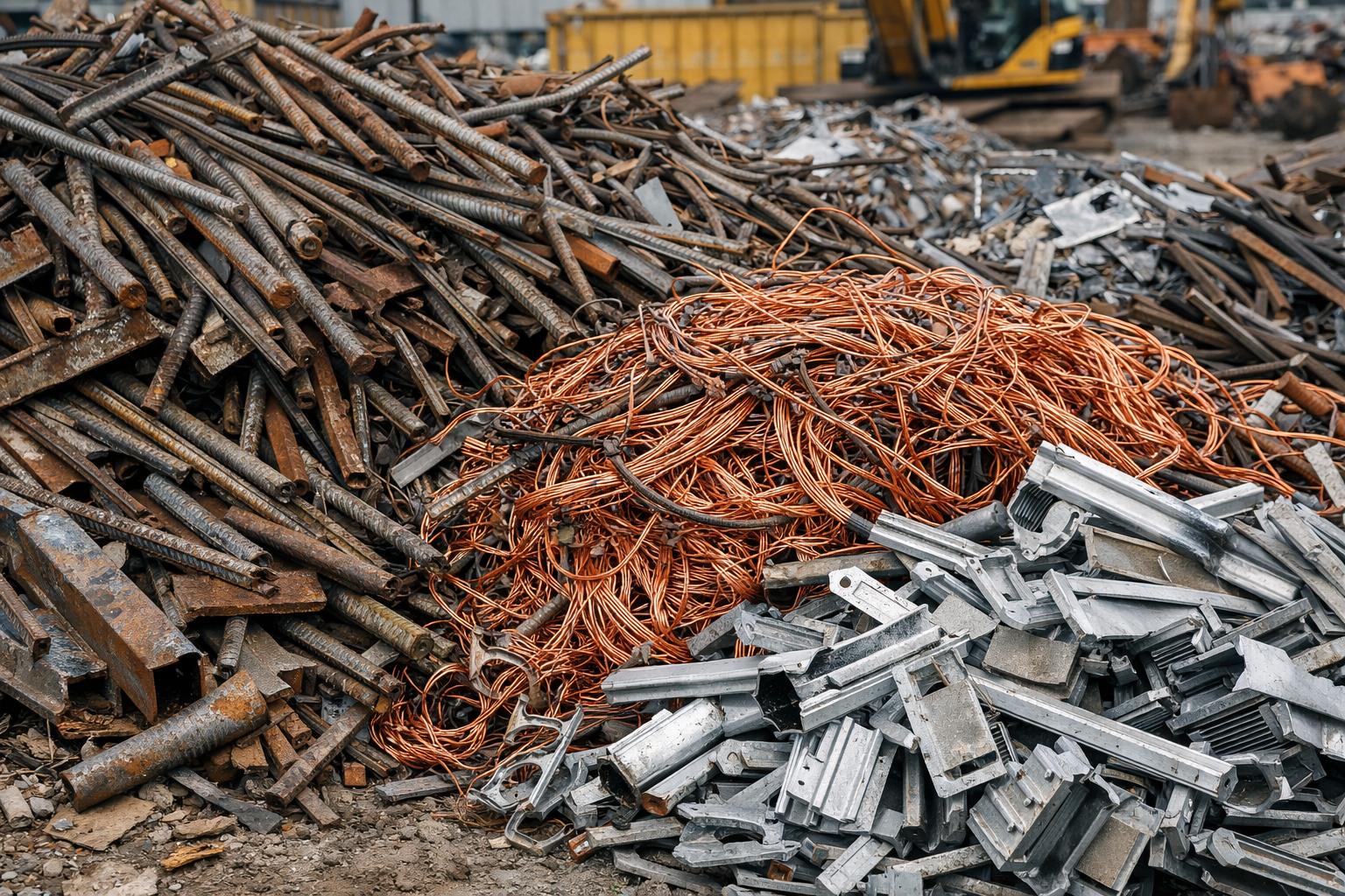 Construction site scrap metal recycling materials including steel rebar, copper wiring, and aluminum components