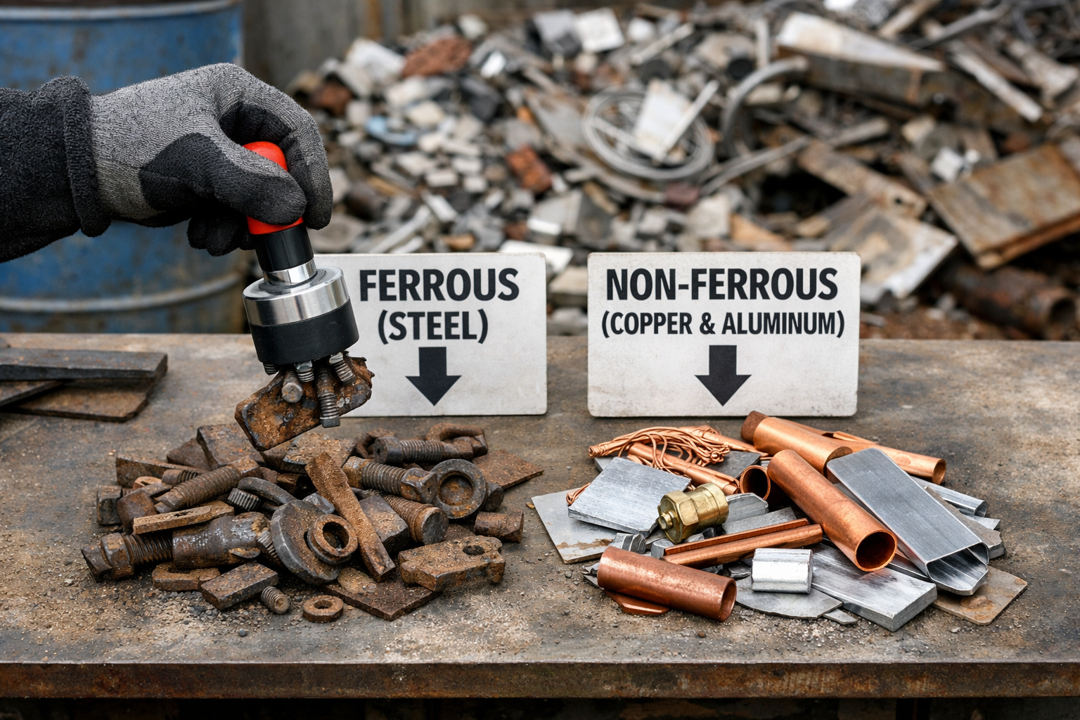 Magnet test being performed on scrap metal to identify ferrous steel versus non-ferrous copper and aluminum