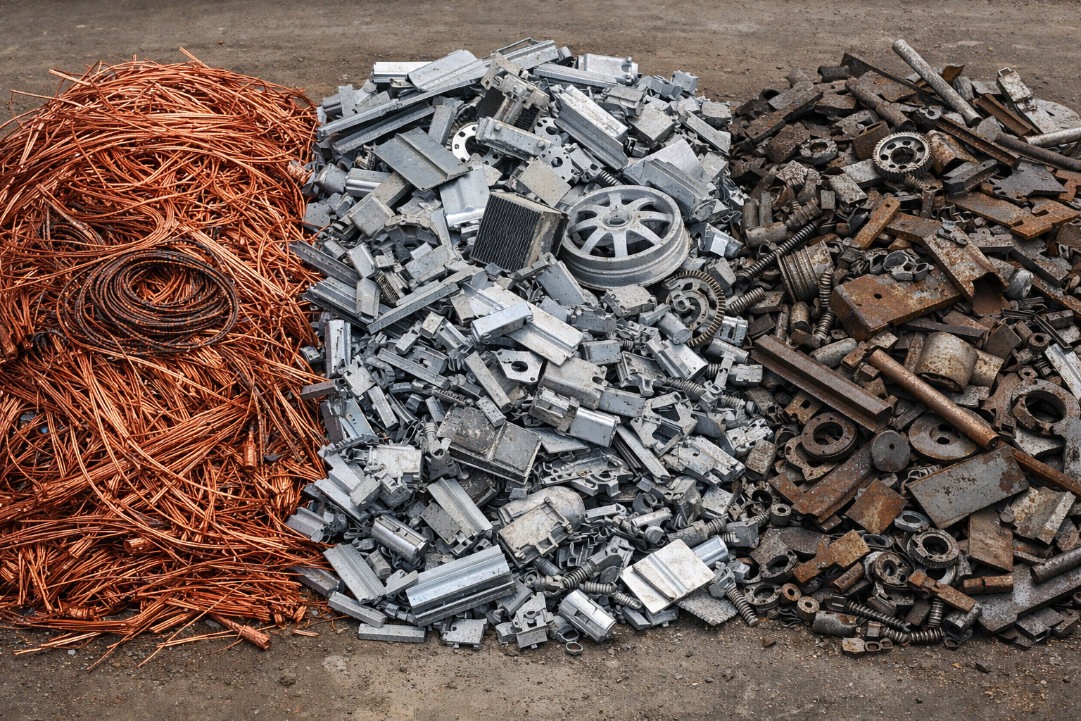 Separated piles of scrap metal recycling materials showing copper wire, aluminum components, and steel parts
