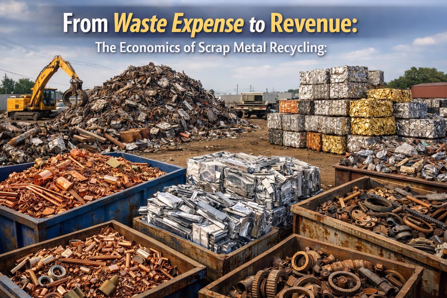 Commercial scrap metal recycling operation showing sorted ferrous and non-ferrous metals ready for pickup