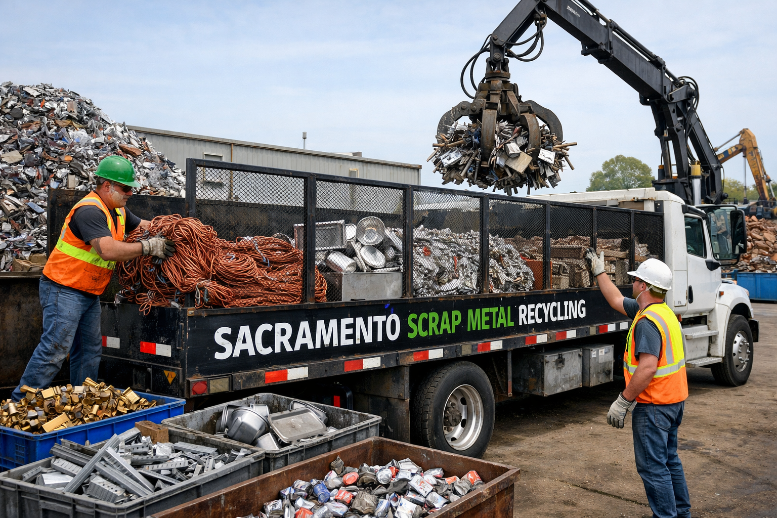 Commercial scrap metal pickup service in Sacramento loading sorted recyclable materials onto truck
