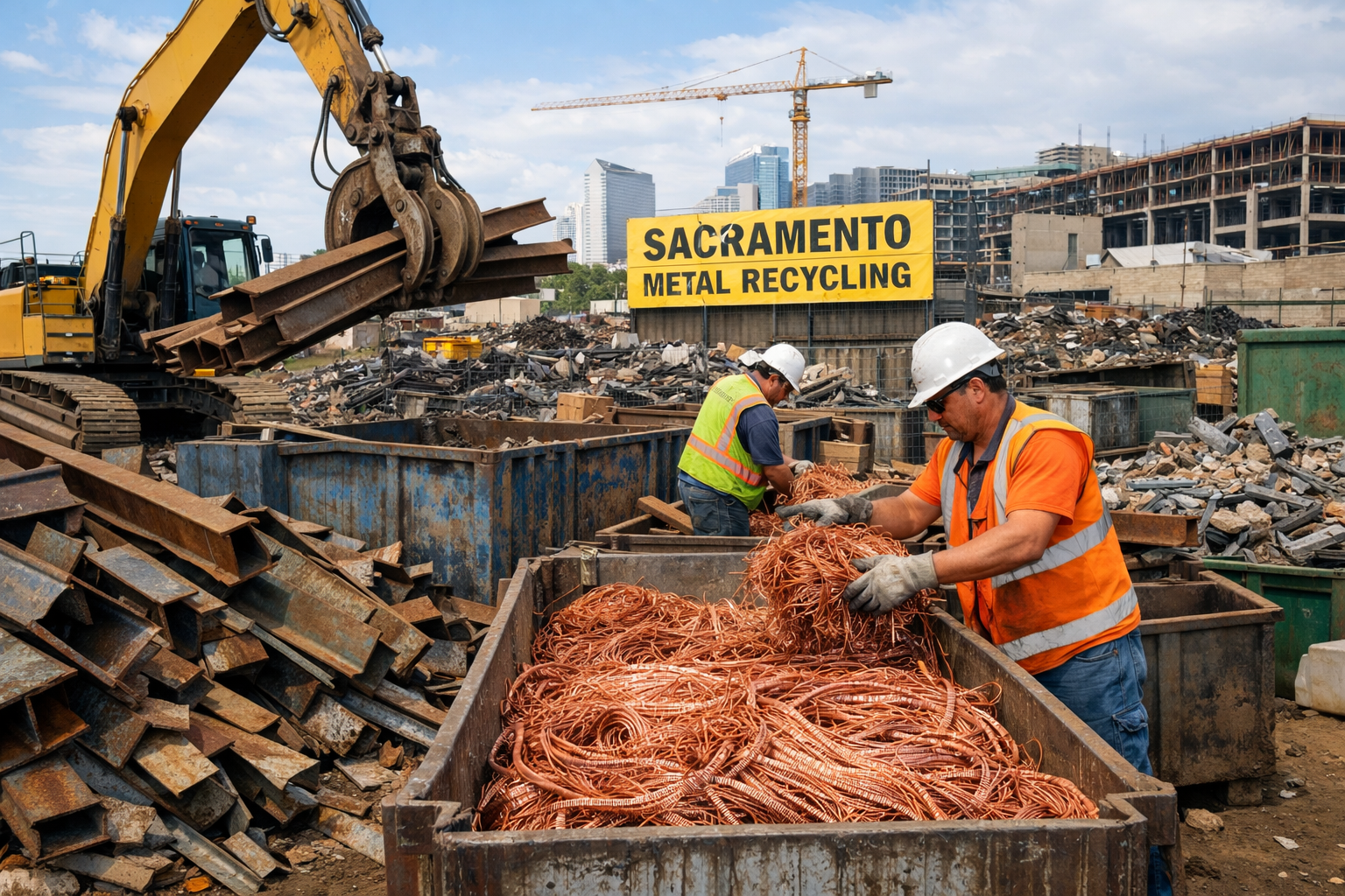 Sacramento construction site scrap metal recycling showing steel beams and copper wire being sorted