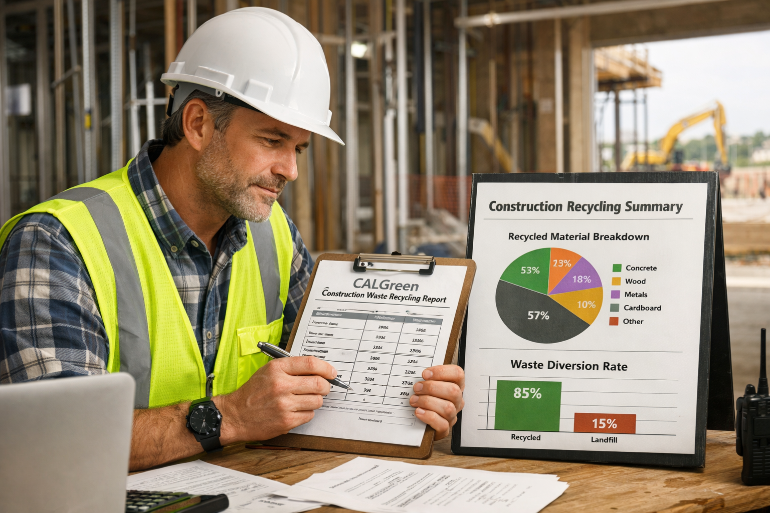 Construction site manager reviewing recycling data for CALGreen compliance documentation