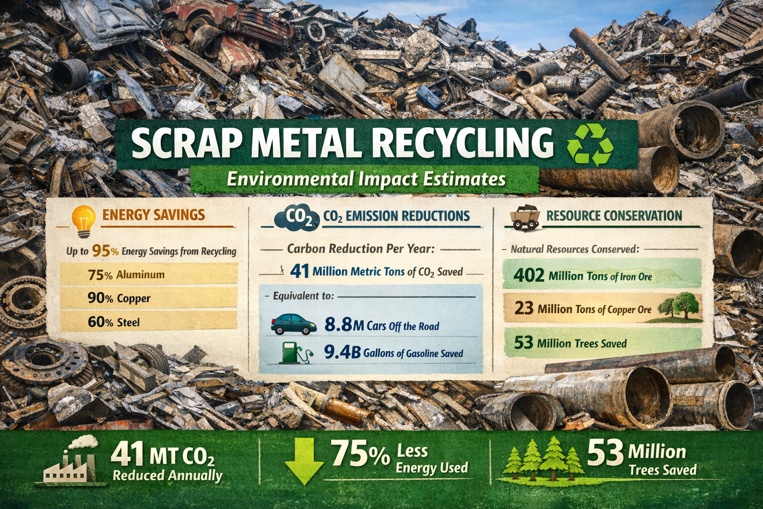 Scrap metal materials with recycling data showing environmental impact for ESG reporting