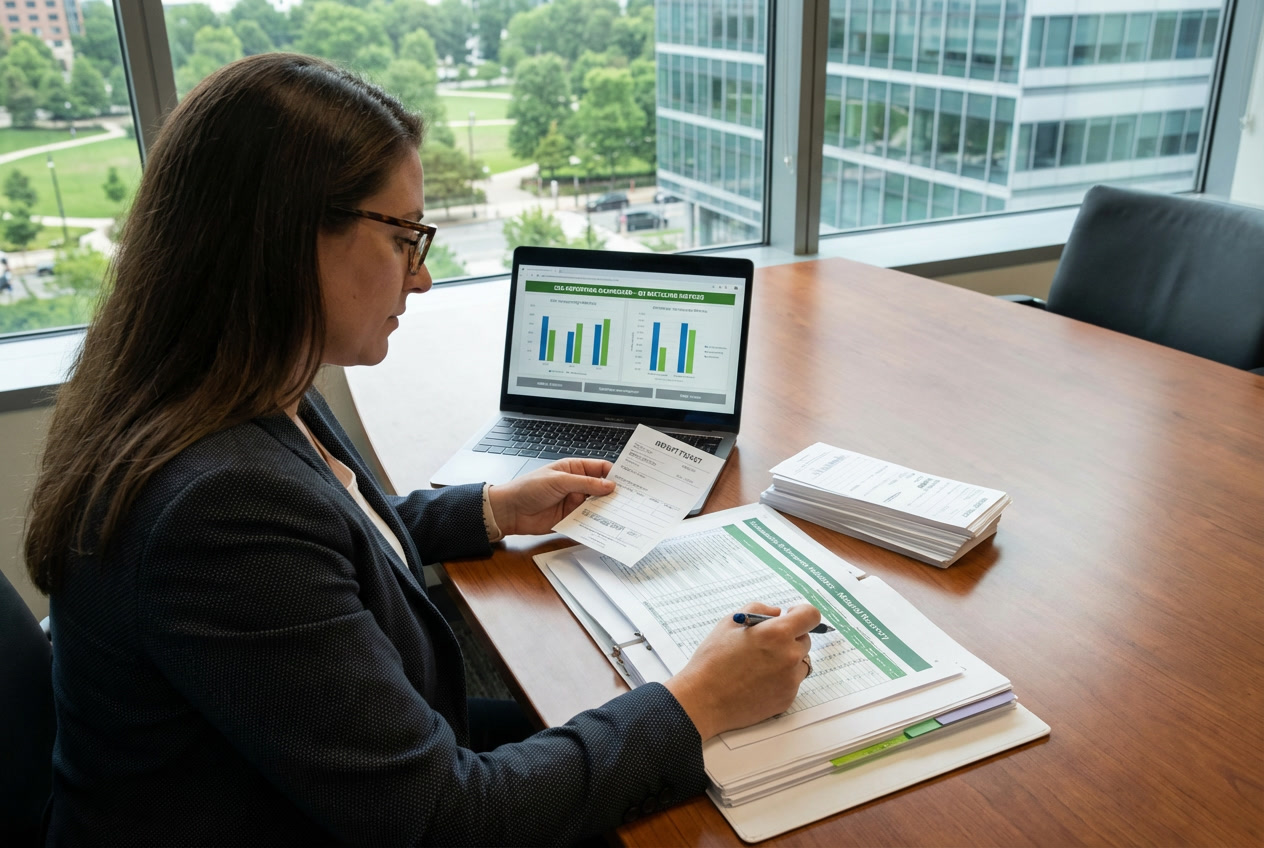 Business professional reviewing recycling data for ESG reporting with weight tickets and sustainability metrics