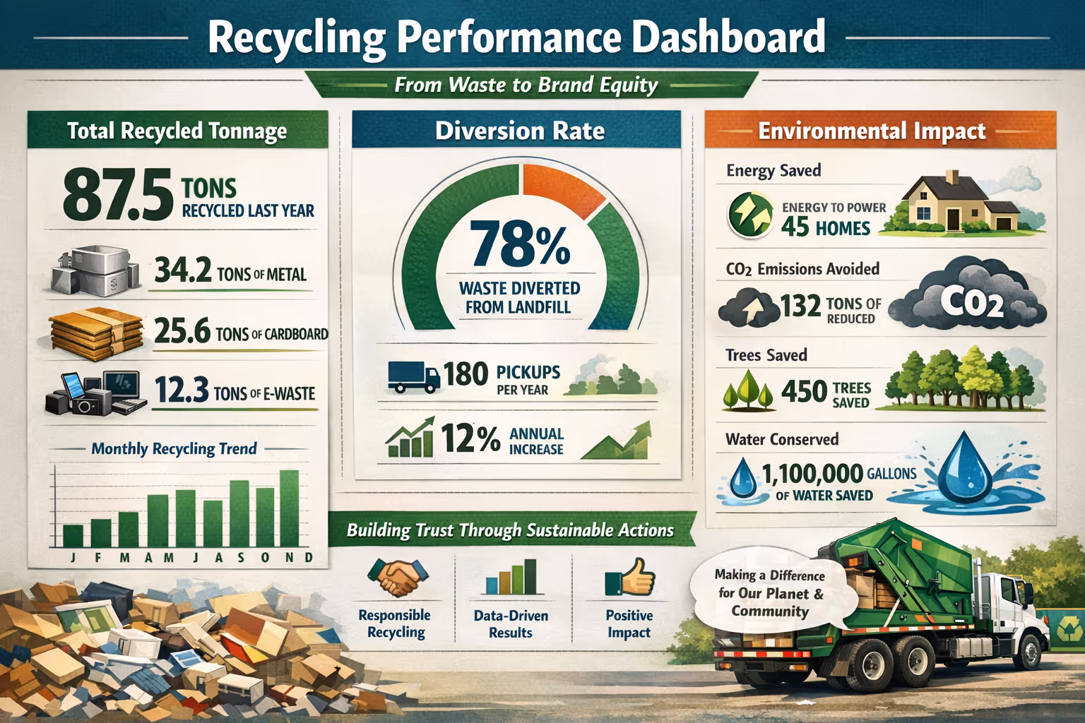 Business recycling metrics dashboard displaying tonnage, diversion rates, and environmental impact data