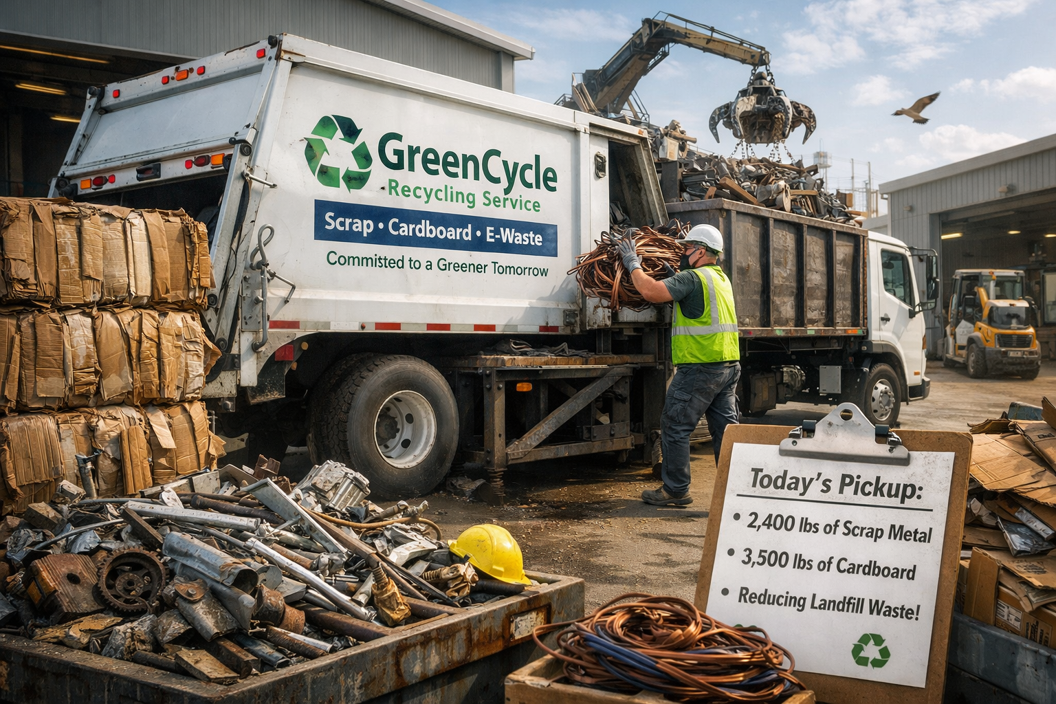 Commercial business recycling pickup truck loading scrap metal and cardboard at industrial facility
