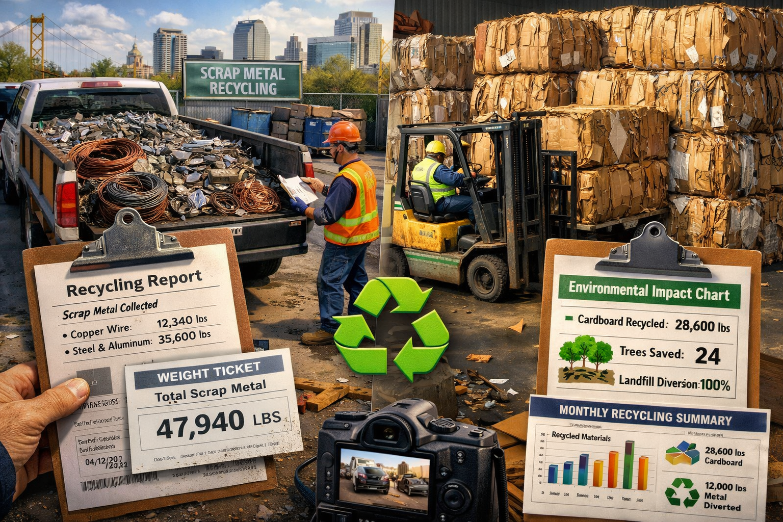 Sacramento business recycling operations showing documented scrap metal and cardboard collection