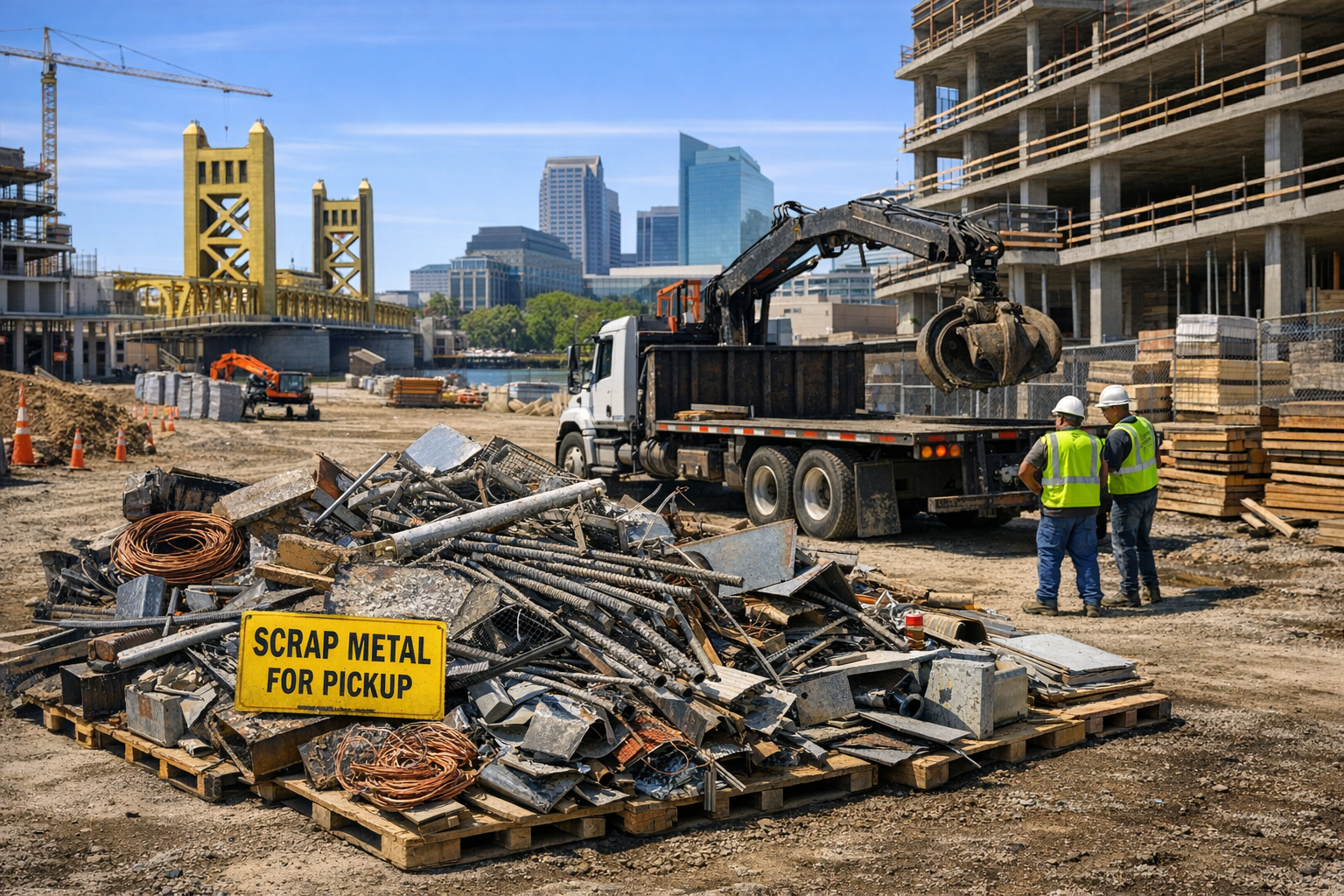 Active construction site in Sacramento with scrap metal materials ready for on-demand pickup